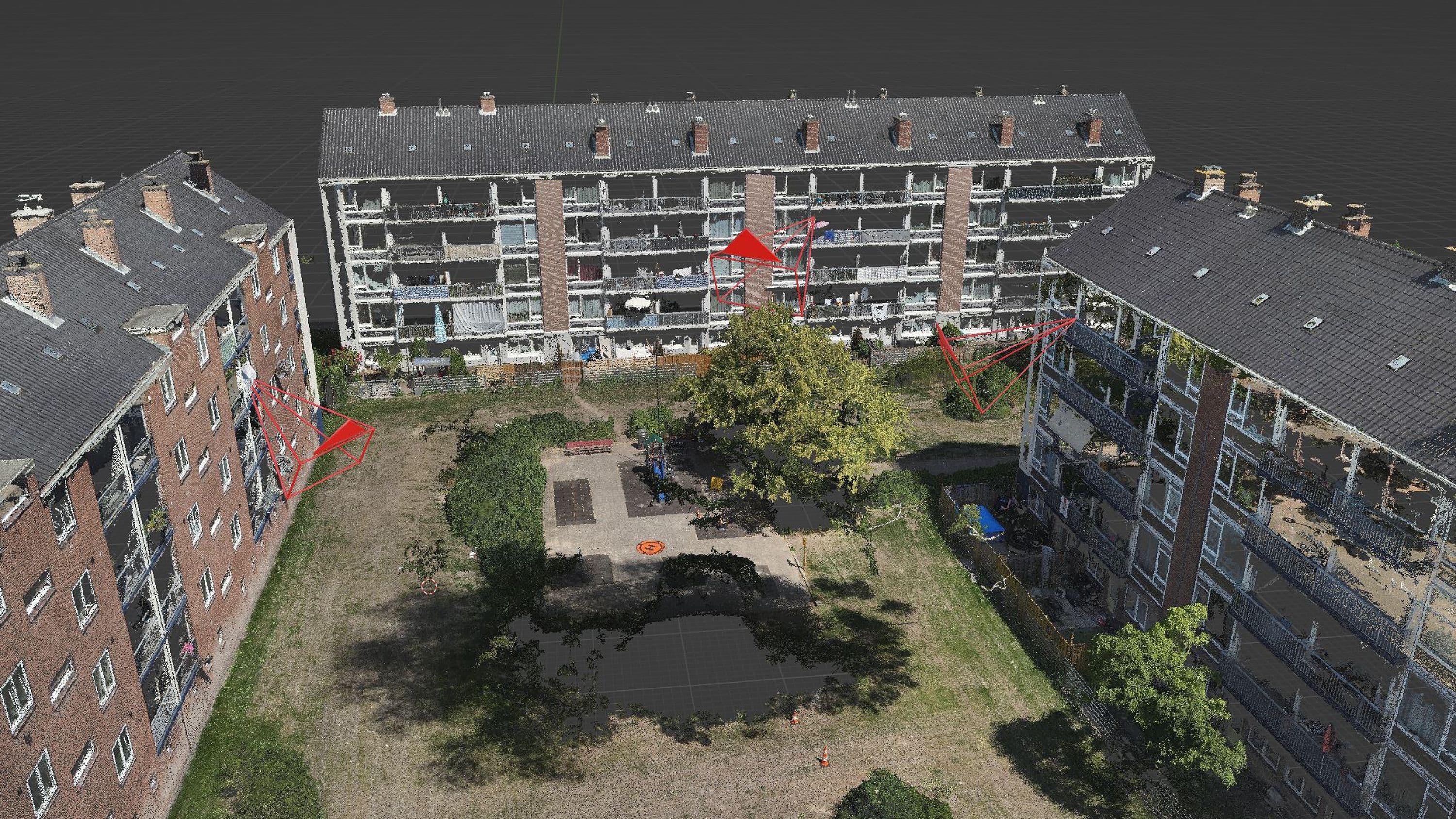 Reconstructie van de binnenplaats in Amsterdam Nieuw-West waar Sammy Baker werd vermoord. Beeld met dank aan Forensic Architecture en Forensis. 