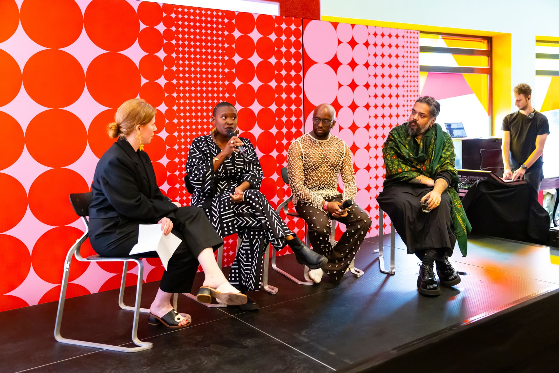 Hanayrá Negreiros, Sunny Dolat and Kallol Datta during a panel at the State of Fashion Biennale