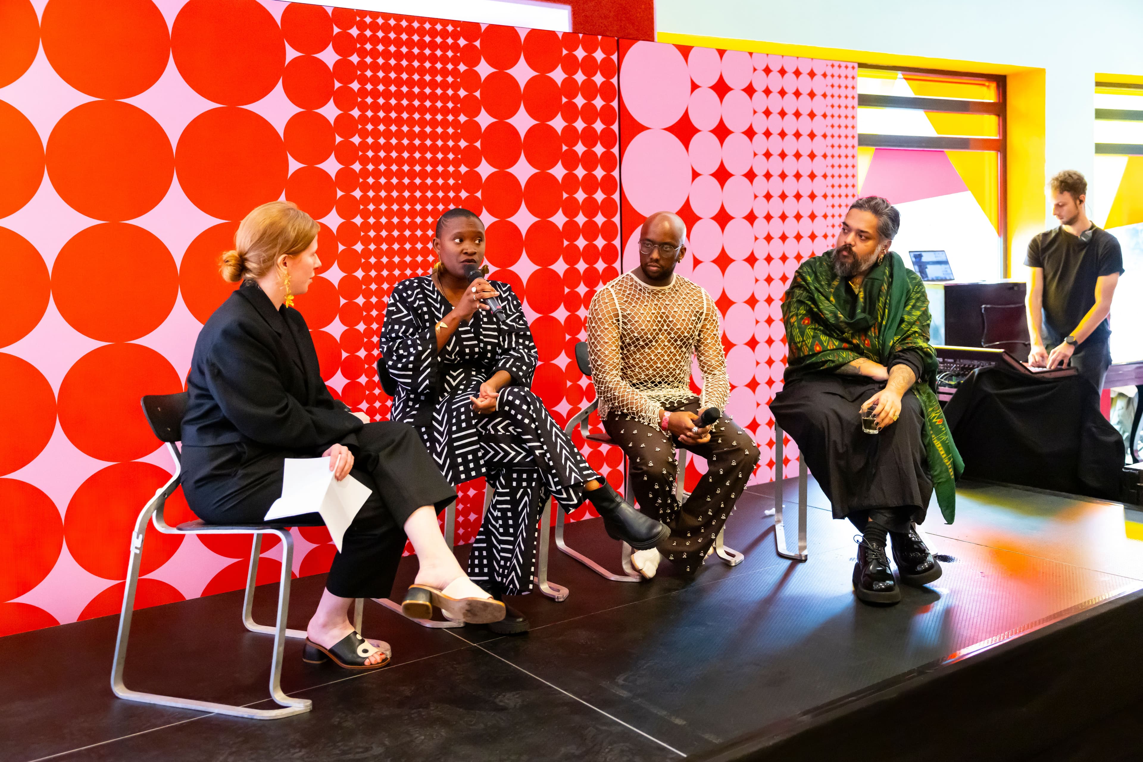 Hanayrá Negreiros, Sunny Dolat and Kallol Datta during a panel at the State of Fashion Biennale