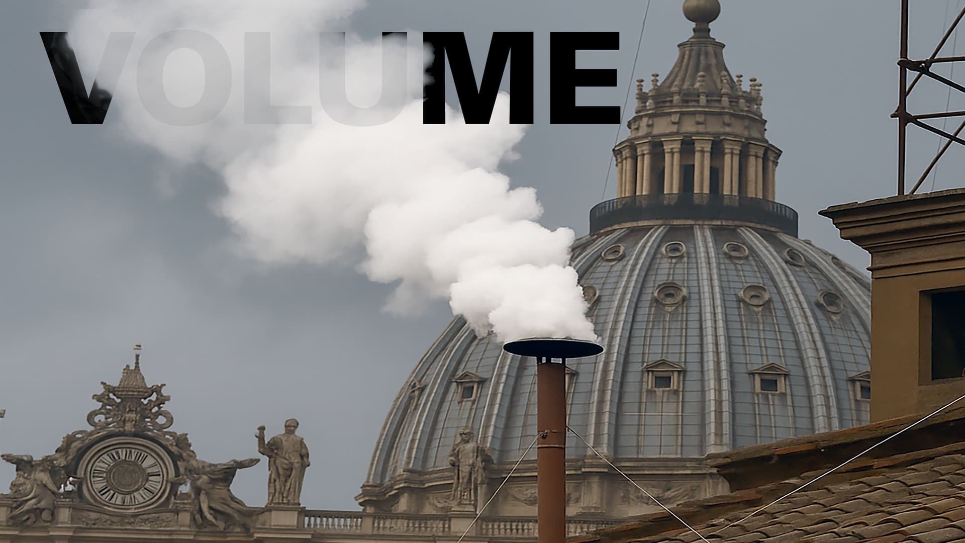 Grafische beeld voor de lancering van Volume 67, met 'Volume' in hoofdletters en witte rook vanuit de Sixtijnse kapel van het Vaticaan.