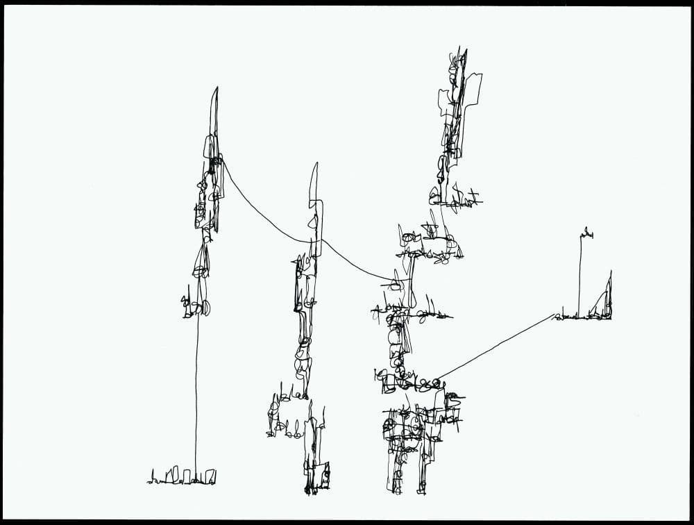 An abstract drawing with white background and thin black lines going upwards, resembling towers.