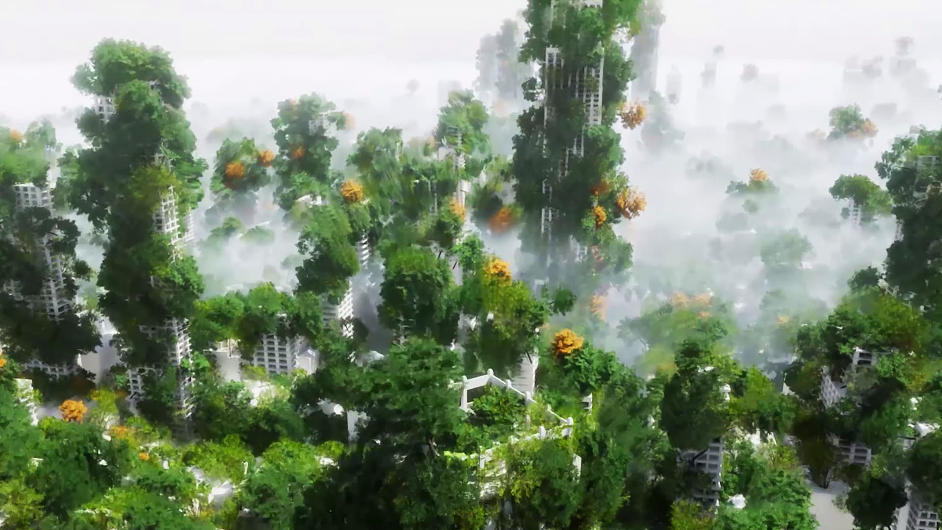 A rendered image of a metropolitan area covered by greenery.
