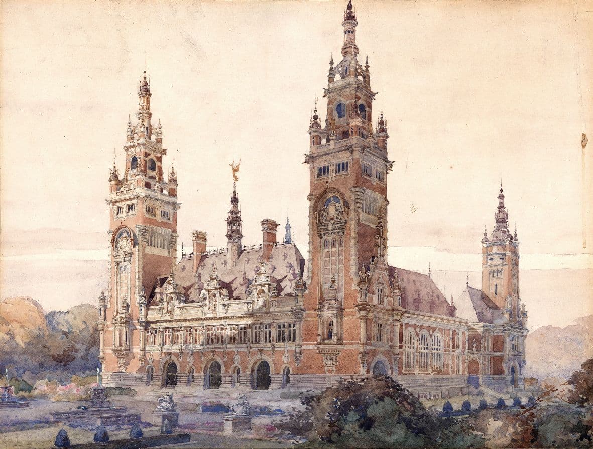  Prijswinnende tekening van het Vredespaleis in Den Haag.  