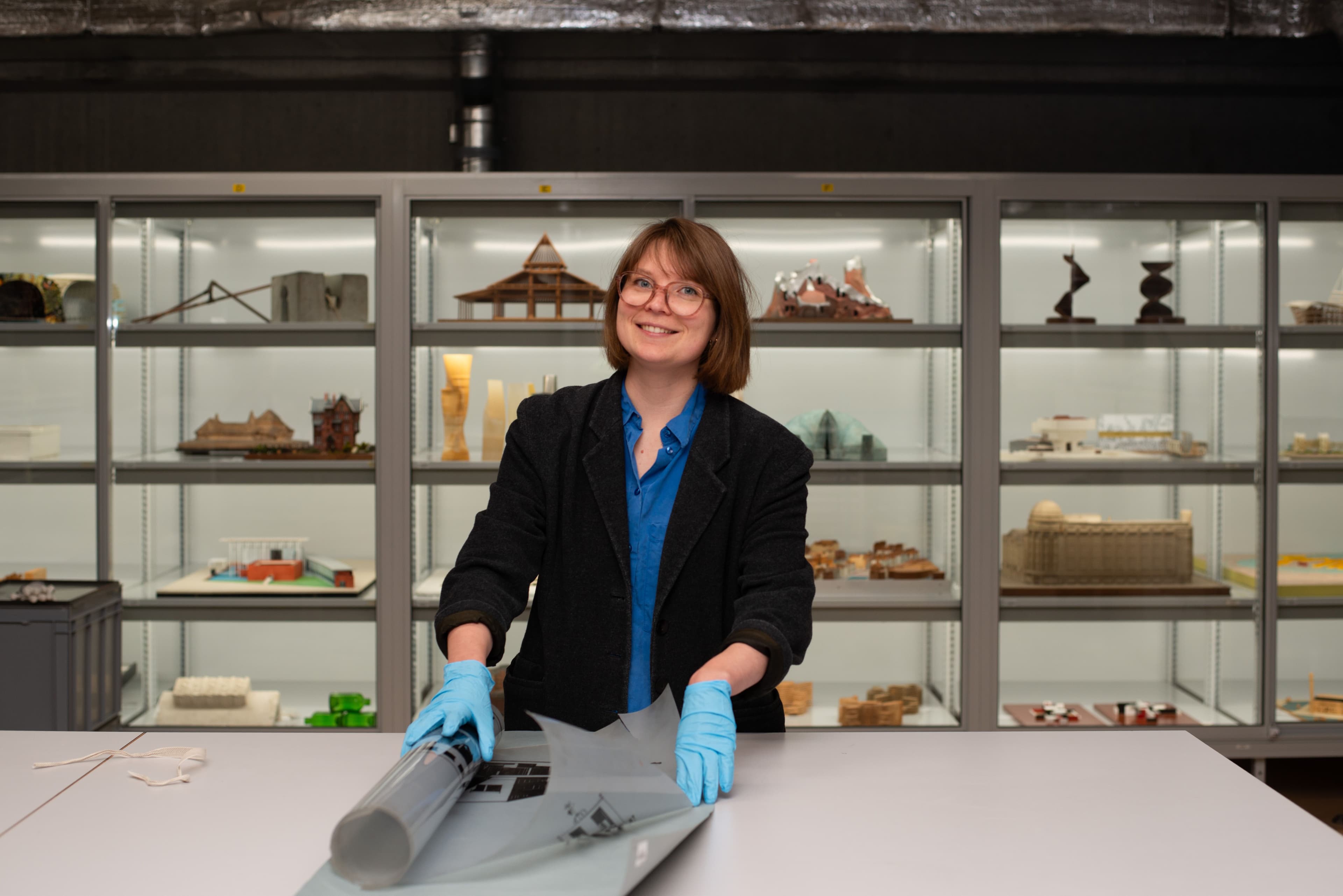 Photo of Nieuwe Instituut's archives with Stephanie. Photo: Isa de Jong