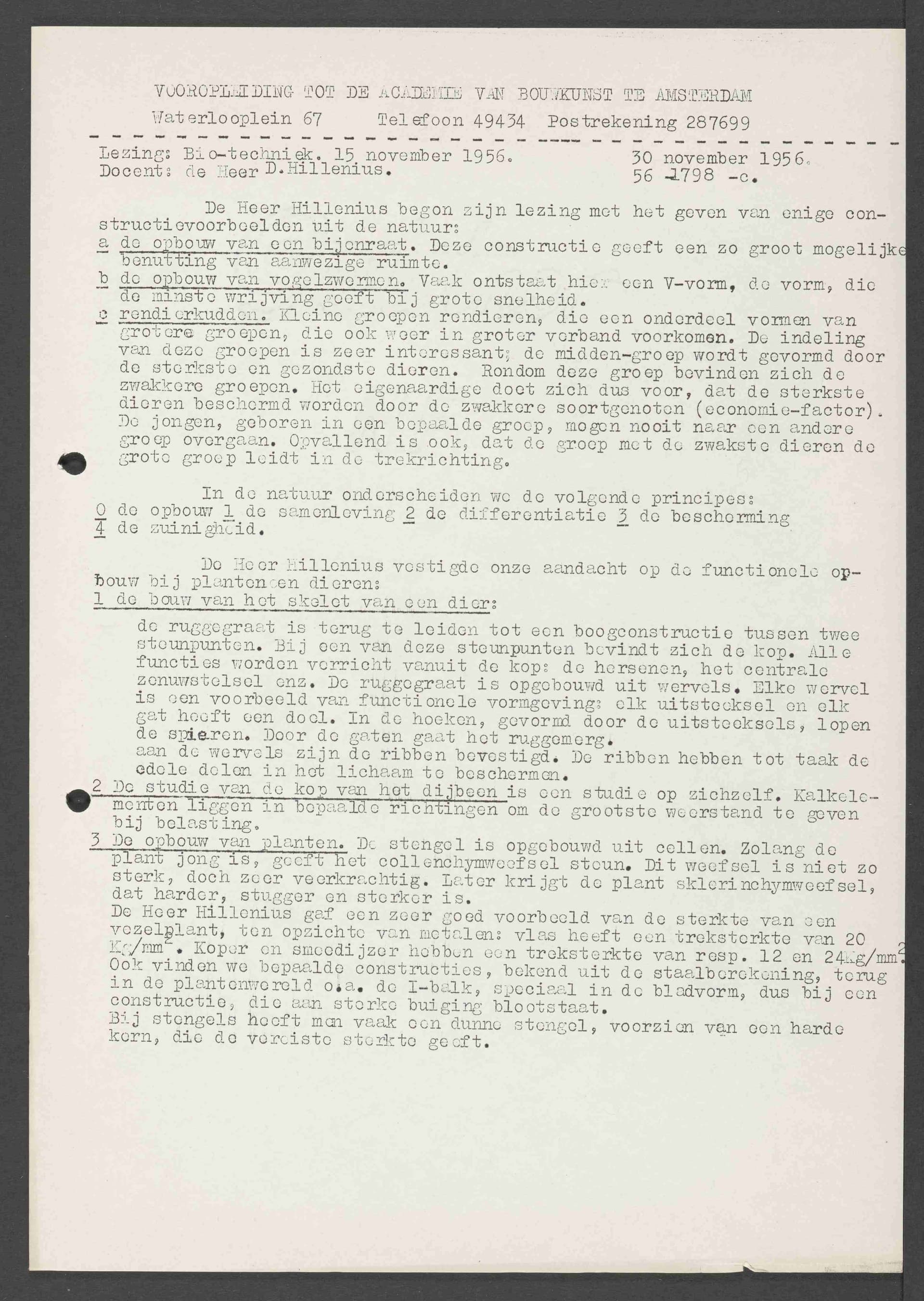  Ten behoeve van het tekenonderwijs introduceerde J. Snellebrand lezingen over Bio-techniek van D. Hillenius, 1956, Academie van Bouwkunst, Amsterdam. Collectie Het Nieuwe Instituut, ABAM 1046-029 