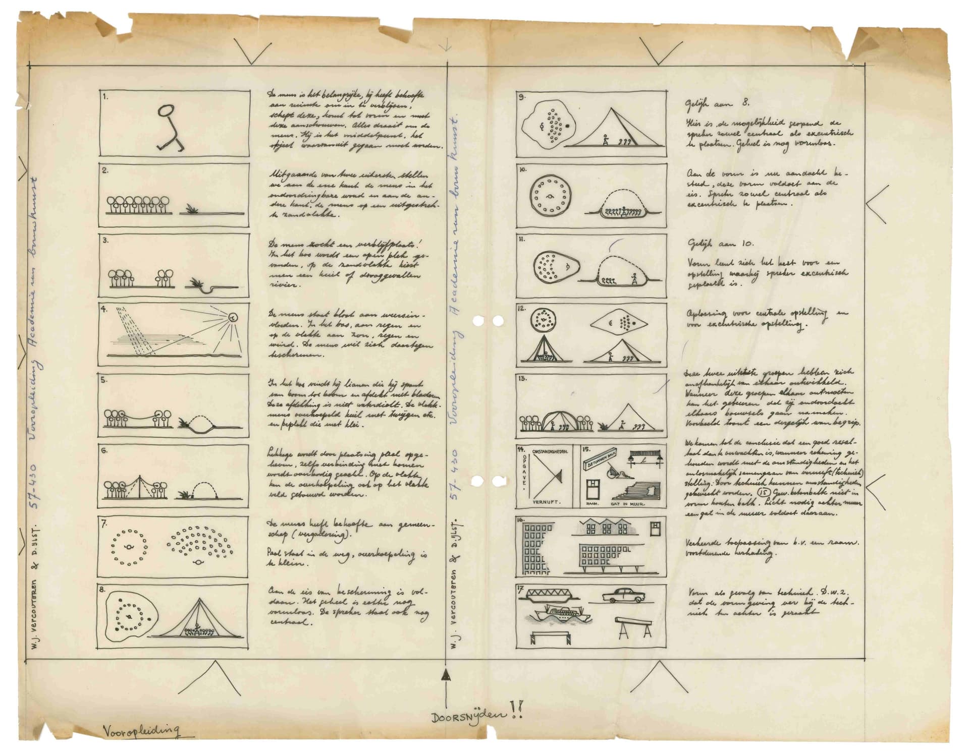  W. J. Vercouteren en D. IJlst. Publicatietekening Academie van Bouwkunst, Amsterdam, 1957. Collectie Het Nieuwe Instituut, ABAM 1046-206. De tekening hoort waarschijnlijk bij een college van J. Hardy, die aan zijn lessen over de geschiedenis va… 