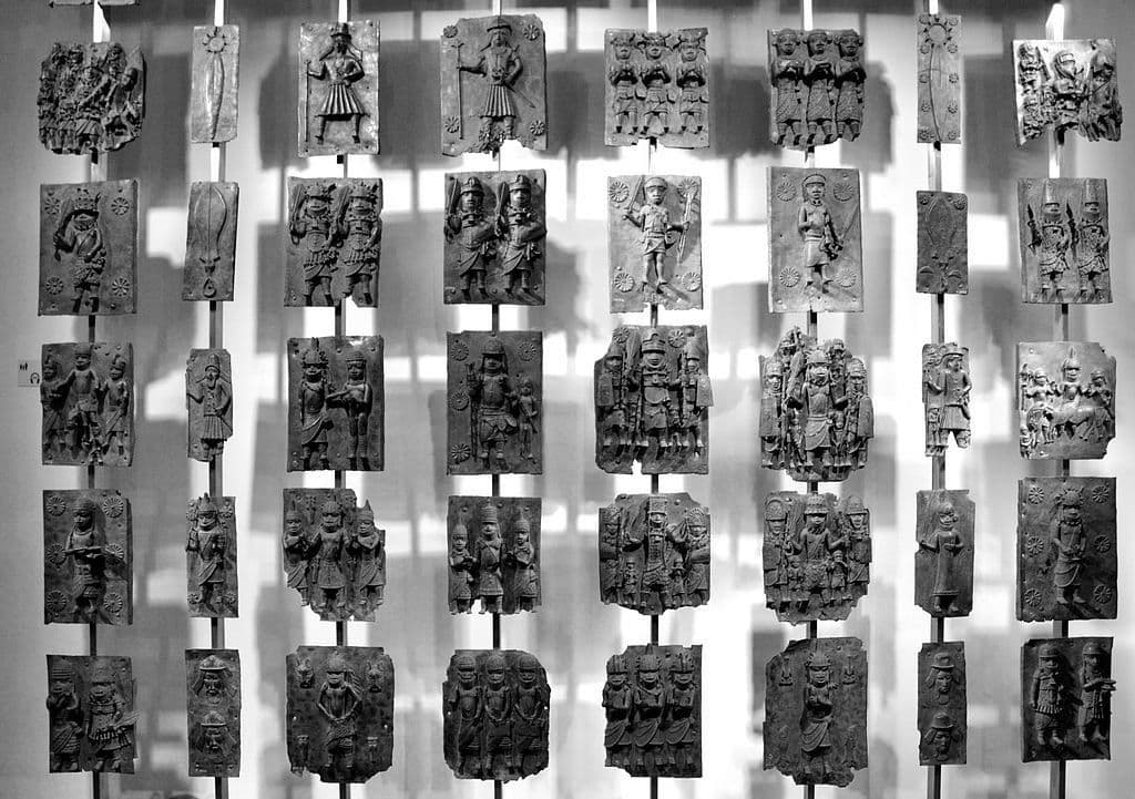 Cast-brass plaques from Benin City in the British Museum, London. Photo by Andreas Praefcke, from Wikimedia Commons.