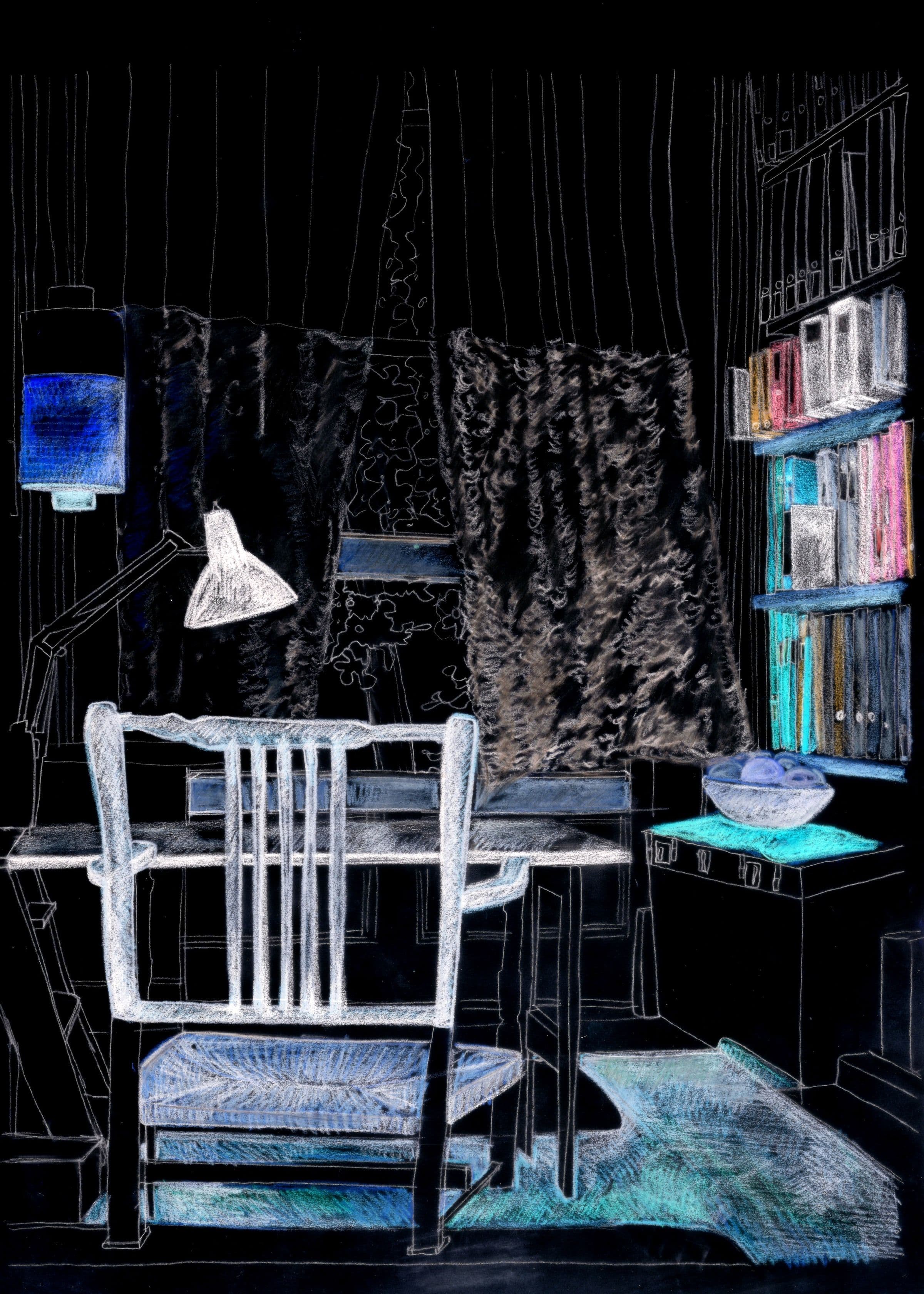 Drawing of Alison's Room with Archive by Paula Strunden, Academy of Fine Arts Vienna, 2022.