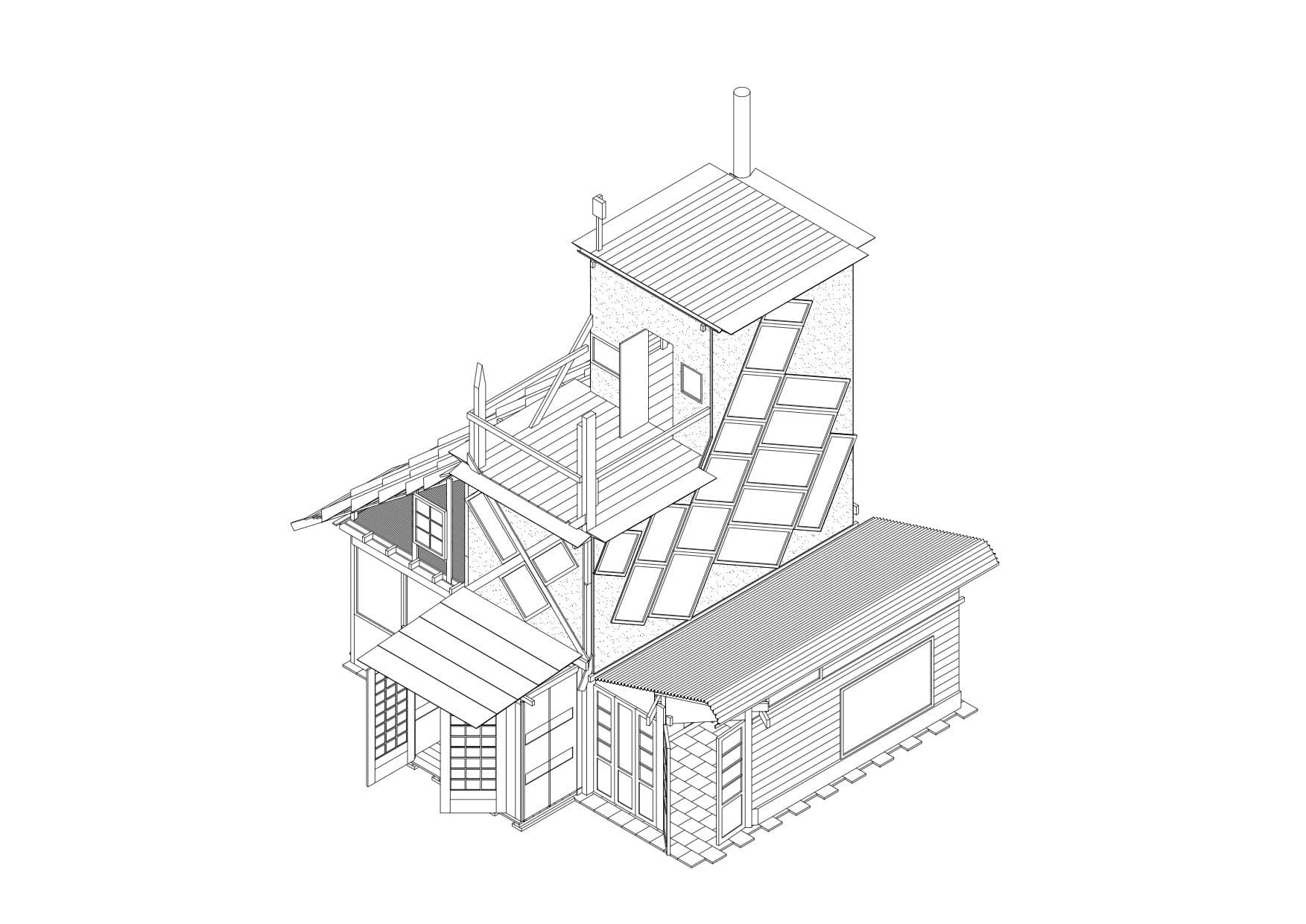  ADM, axonometric drawing of the Pizza Tower. Architecture of Appropriation research collective and students from the MA in Architecture, Urban Design and Engineering at Eindhoven University of Technology 