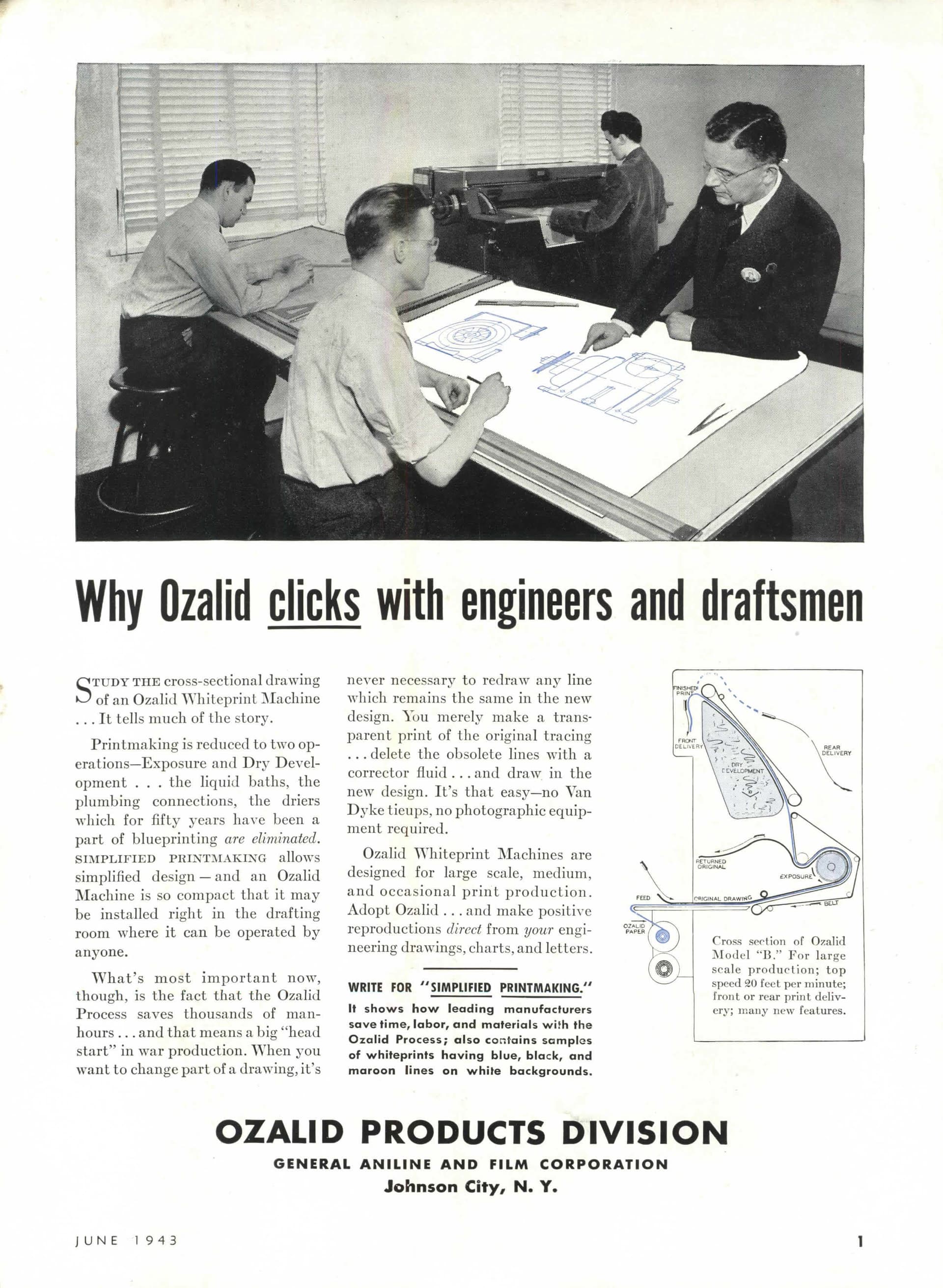 Ozalid advertised their reproduction method’s ease of use and speed in trade journals and newspapers worldwide. This Ozalid Whiteprinting Machine, for example, was able to deliver a high output of six metres of copies per minute. Their mot… 