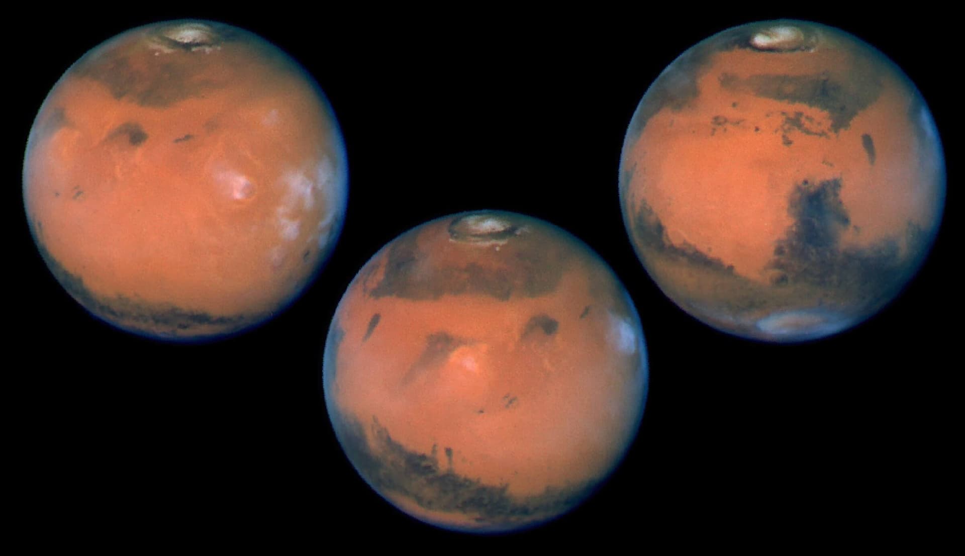 Images of Mars, taken by HST's Wide Field Planetary Camera-2 on March 10, 1997, just before Mars opposition, when the red planet made one of its closest to the Earth (about 60 million miles or 100 million km). These pictures were taken dur… 