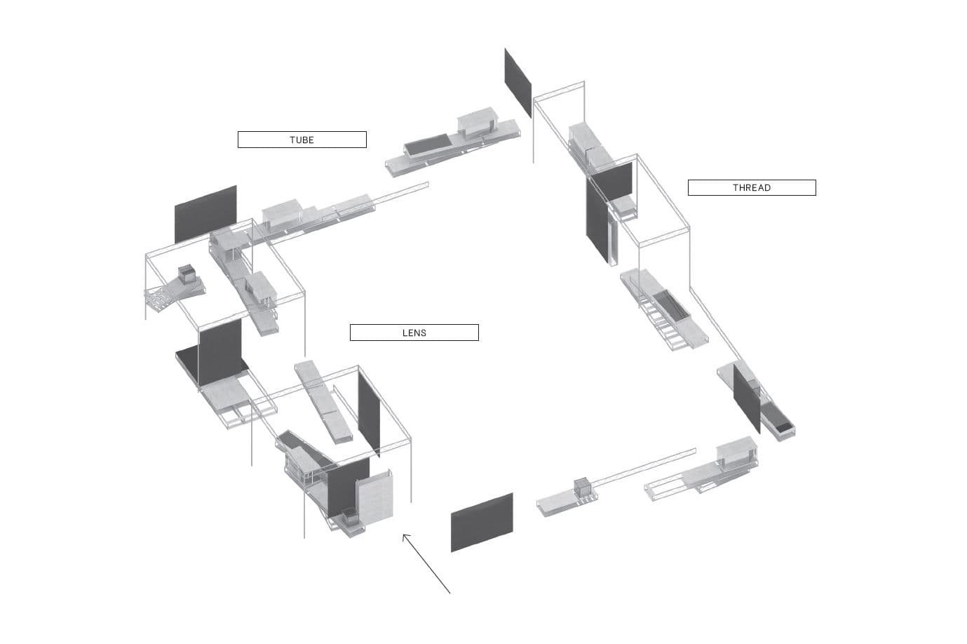 Axonometrische tekening van het tentoonstellingsontwerp en de routing. Koehorst in 't Veld. 