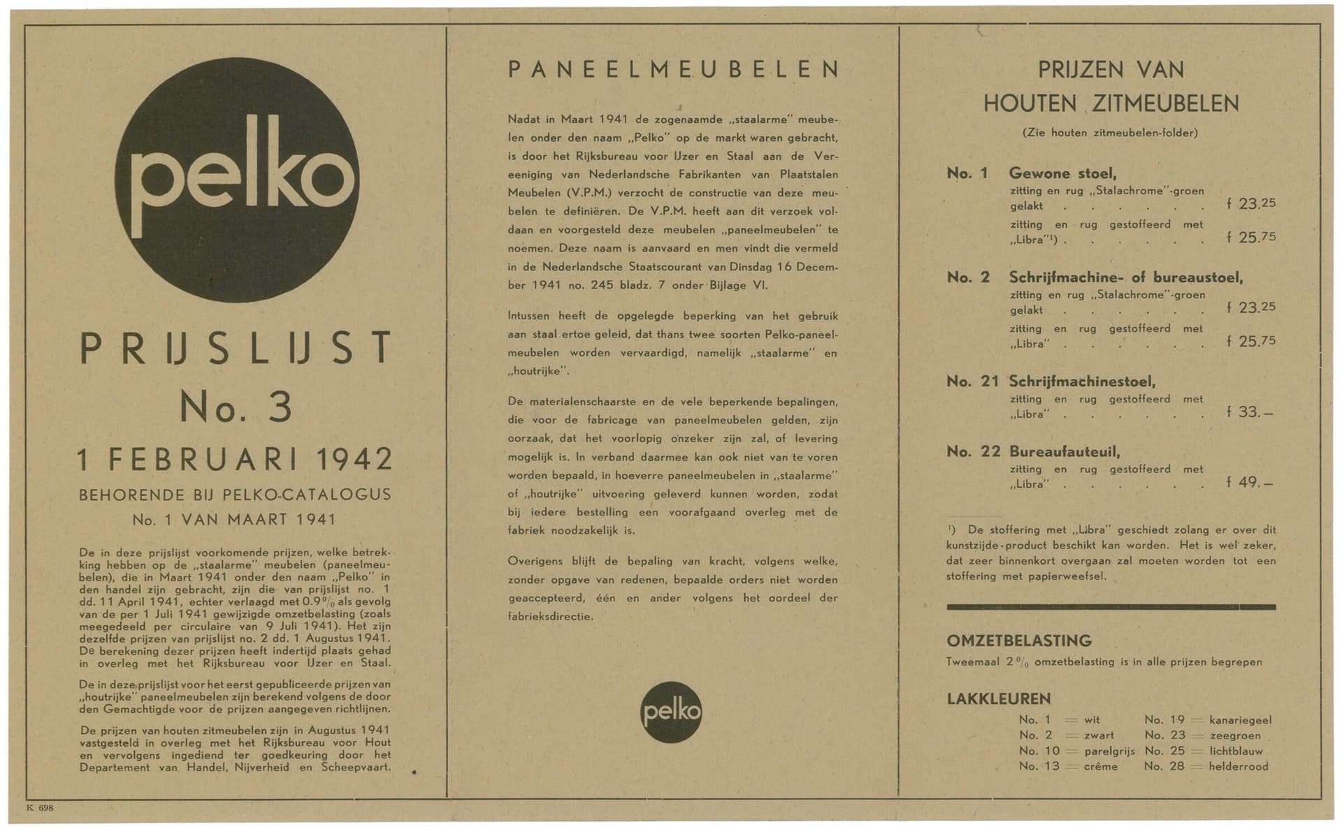 Gispen. Prijslijst Pelko meubelen, 1941. Collectie Het Nieuwe Instituut, GISP 643.  