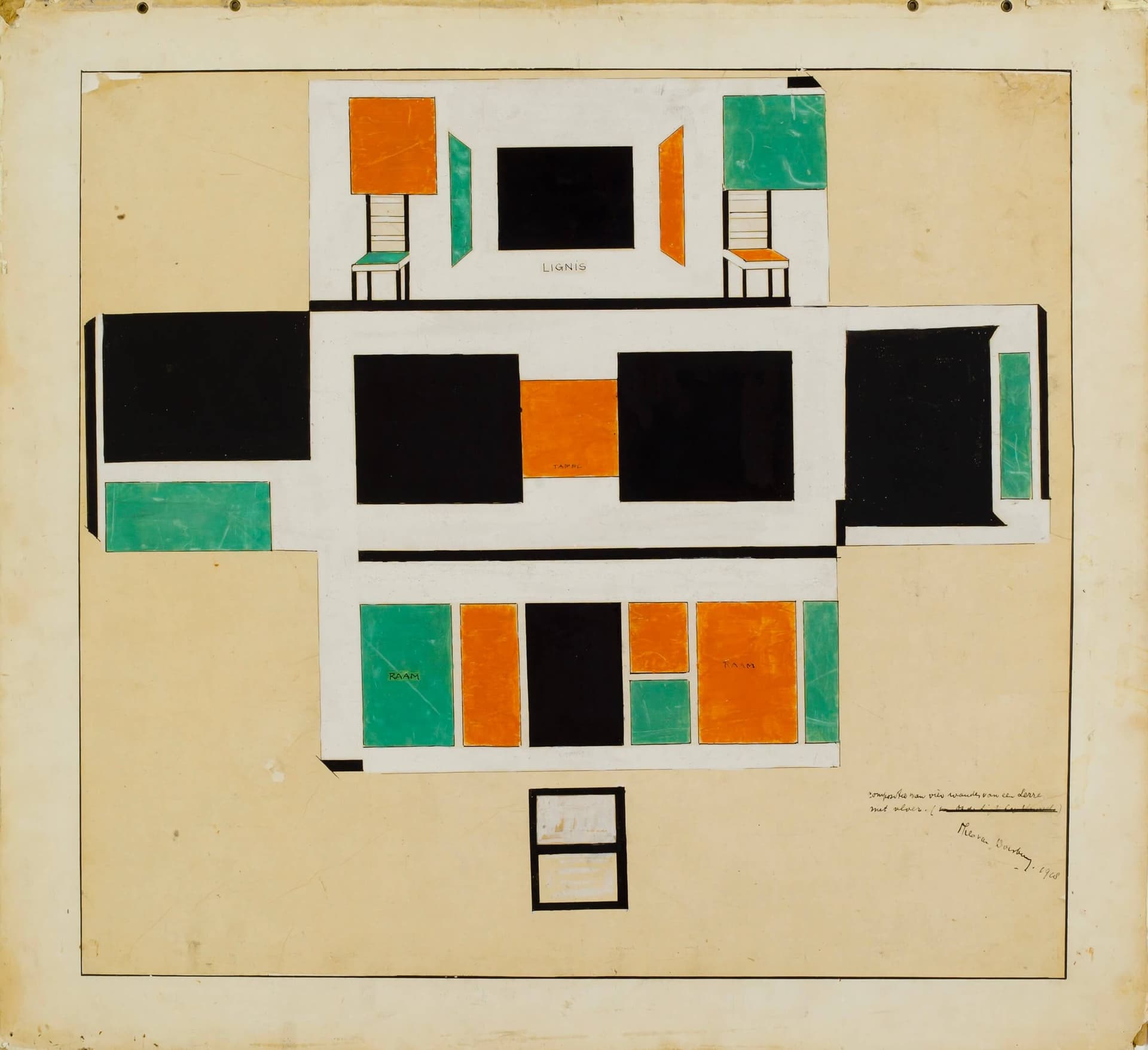 Th. van Doesburg. Ontwerp van de serre van het woonhuis voor Bart de Ligt 1918. Collectie Het Nieuwe Instituut, gift Van Moorsel. 