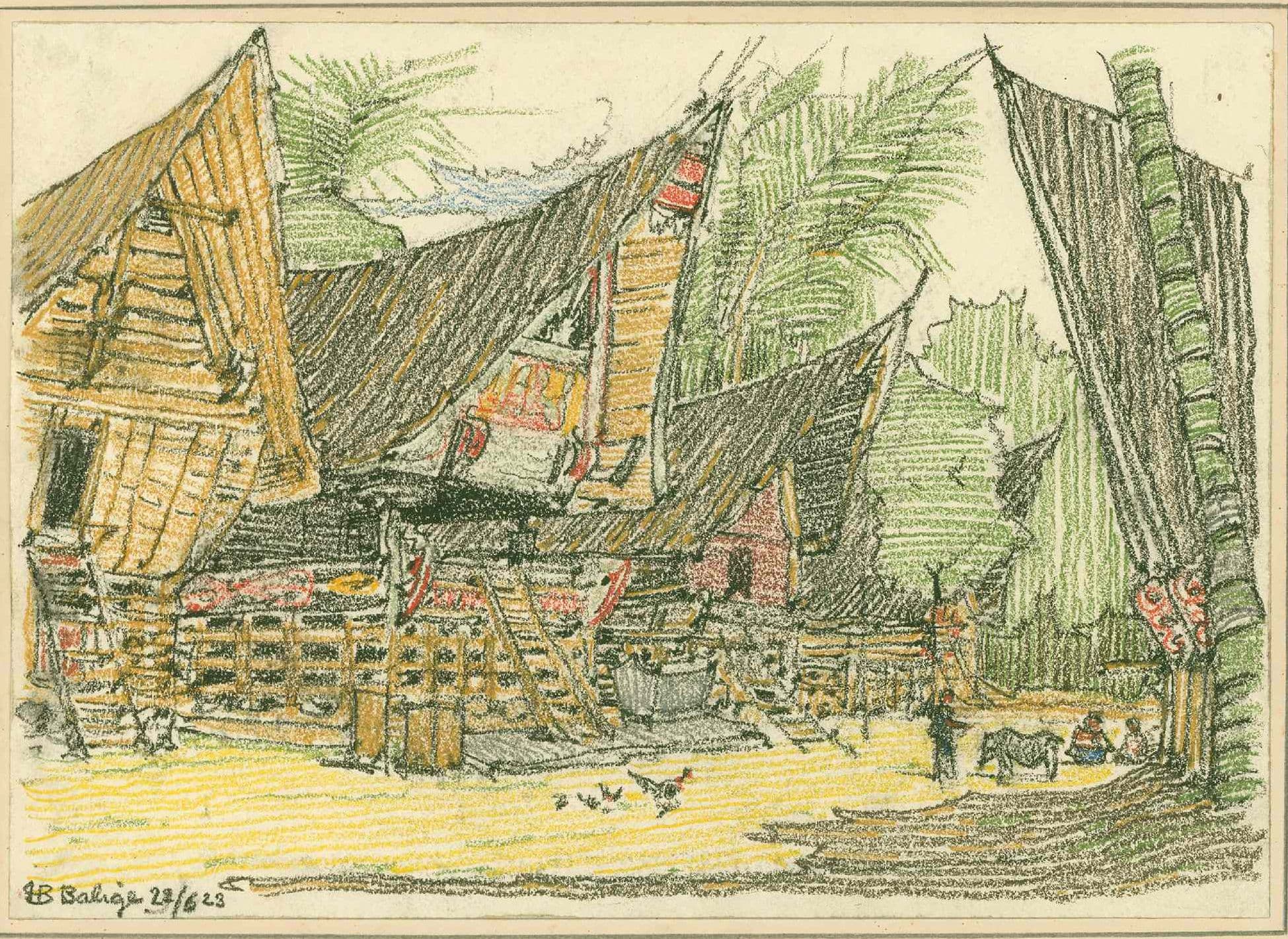 A sketch in green, red, yellow and gray lines of Sumatran houses and trees. H.P. Berlage. Schets Balige, [Noord-Sumatra, Indonesië], 22 juni 1923. Collectie Het Nieuwe Instituut, archief BERL 290.317 