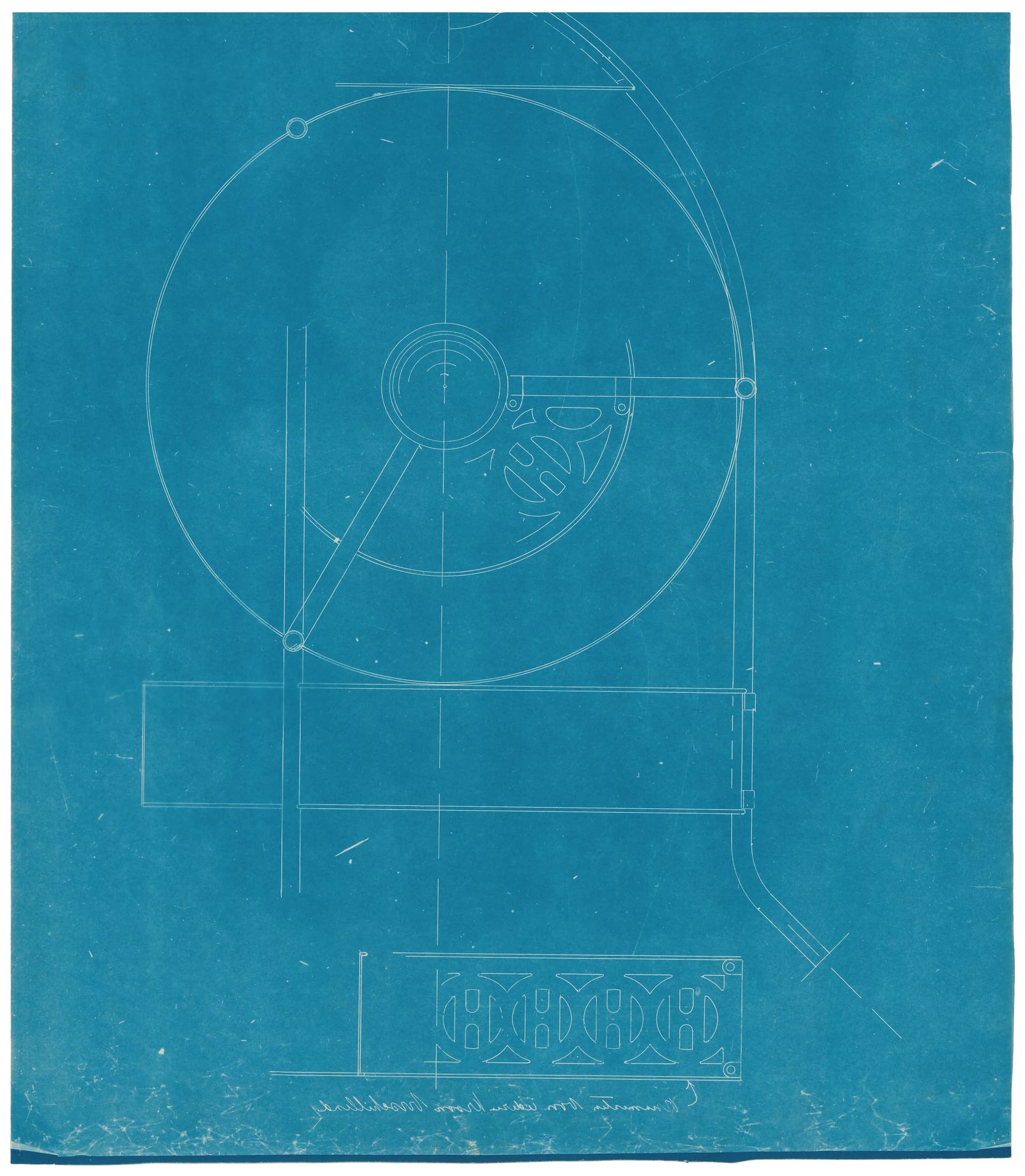 Example of a blueprint mistakenly printed in reverse. The blueprint’s colour is also very irregular and is on the reverse of BERL 207a. H.P. Berlage. Design for the Koopmansbeurs on Damrak in Amsterdam, c. 1892–1894. Collection Het Nieuwe… 