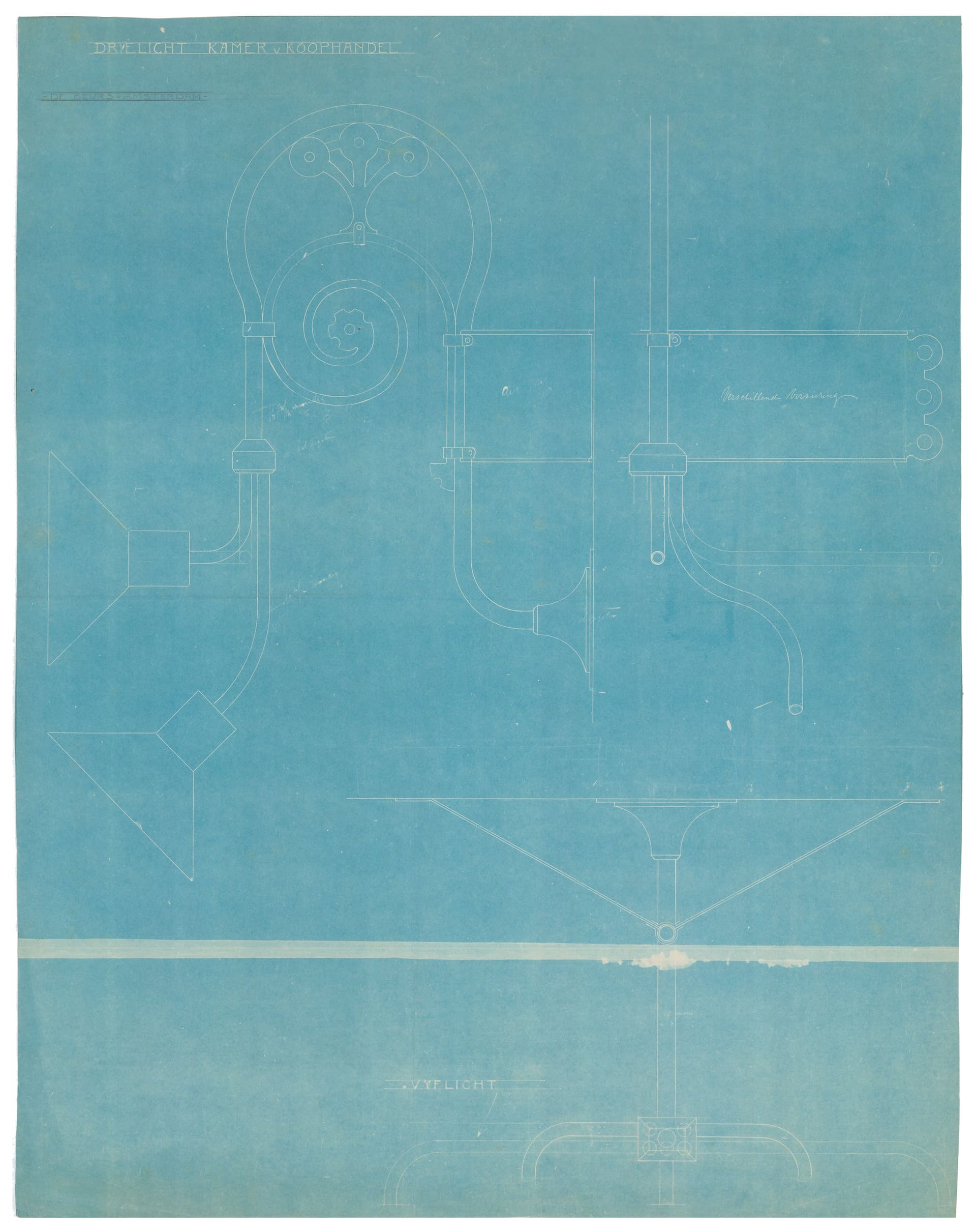 Voorbeeld van een blauwdruk in het archief van architect H.P. Berlage uit de beginperiode. De blauwdruk is te licht van kleur en de witte lijnen zijn dichtgeslipbd, waardoor het eindresultaat te flets is. H.P. Berlage. Ontwerp voor de Koopmansb… 