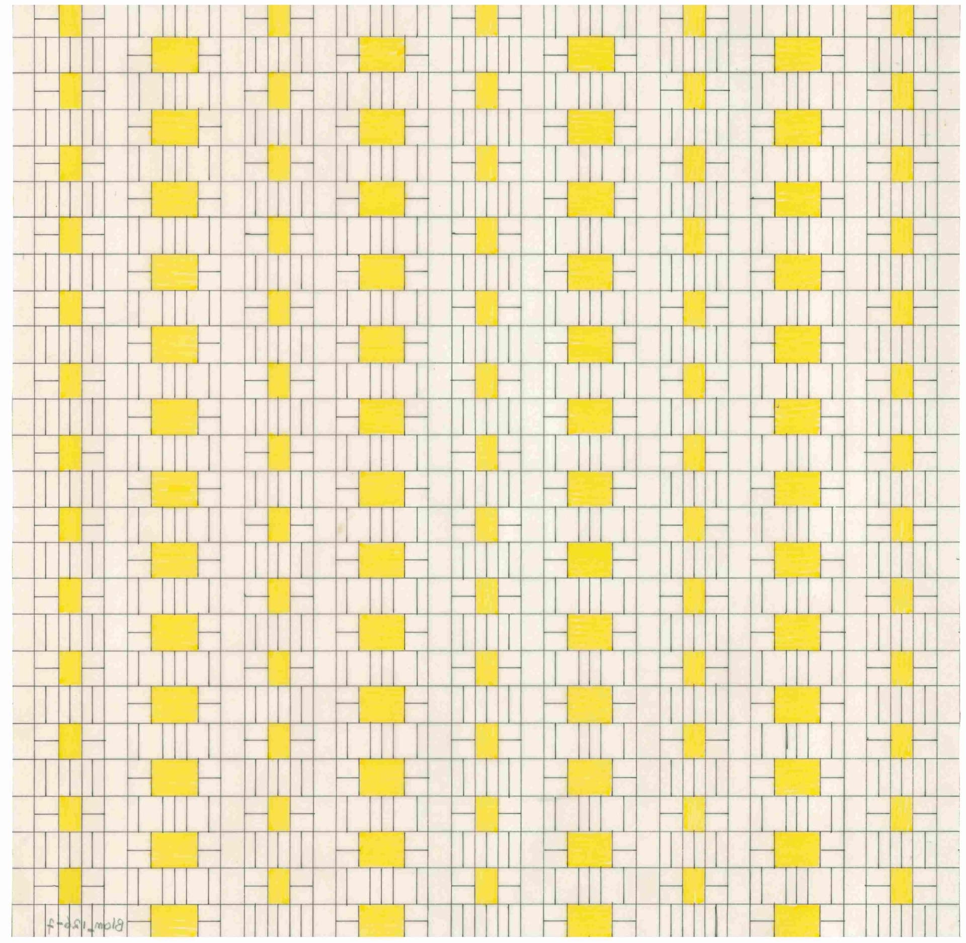  Piet Blom. Aerial view of ‘Housing as an Urban Roof’, 1969-70. Collection Het Nieuwe Instituut, BLOM 126-7. The grid shows the alternation between roofs and external spaces, with the voids for daylight shown in yellow. 