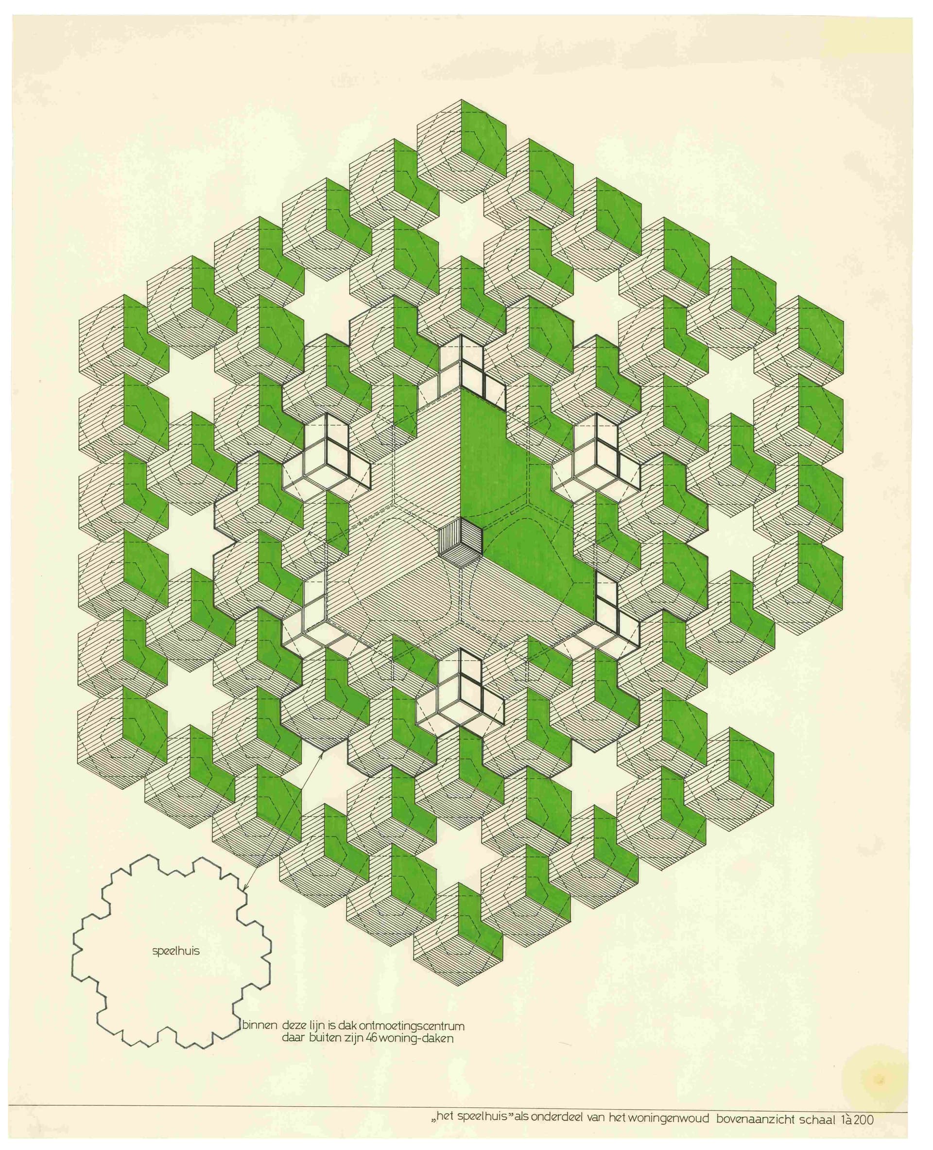  P. Blom, presentatietekening en bovenaanzicht van Het Speelhuis als onderdeel van 188 woningen (het woningenwoud), 1973. Collectie Het Nieuwe Instituut, BLOM 137-3. Het geheel is gebaseerd op een basis van een geometrisch patroon van vierkanten… 