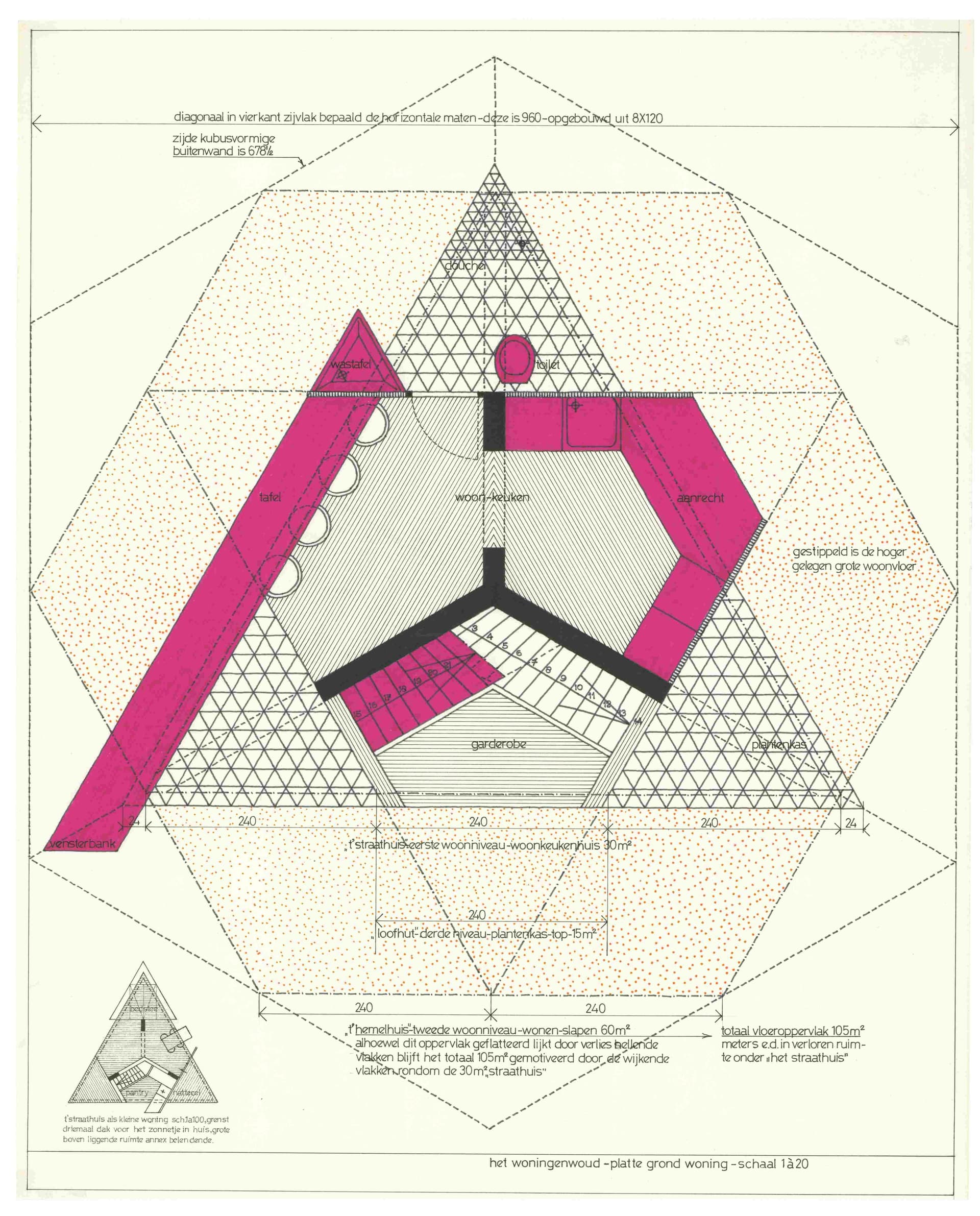  Piet Blom. Various plans for the Cube Houses in the Woningenwoud, Helmond, 1973. Collection Het Nieuwe Instituut, BLOM 138-1. The triangle represents a ‘Straathuis’ (Street House, 1st floor), the hexagon represents a ‘Hemelhuis’ (Sky House… 