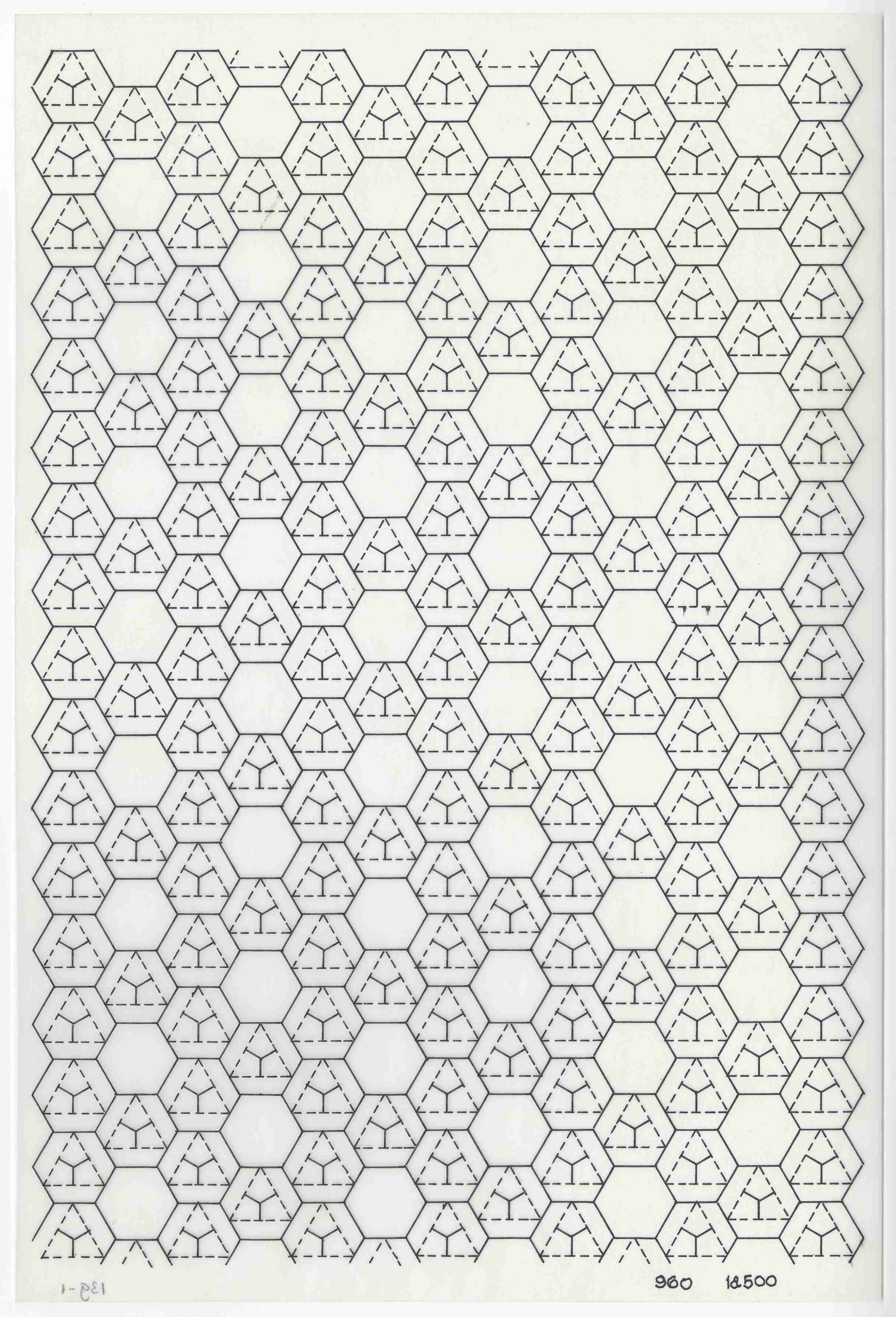  Piet Blom. Various horizontal sections of the ground and first floors of the Speelhuis theatre and Woningenwoud, scale 1:500, 1973. Collection Het Nieuwe Instituut,  BLOM 139-1. The dimension 9.6 metres is the measure of the diagonal of a… 