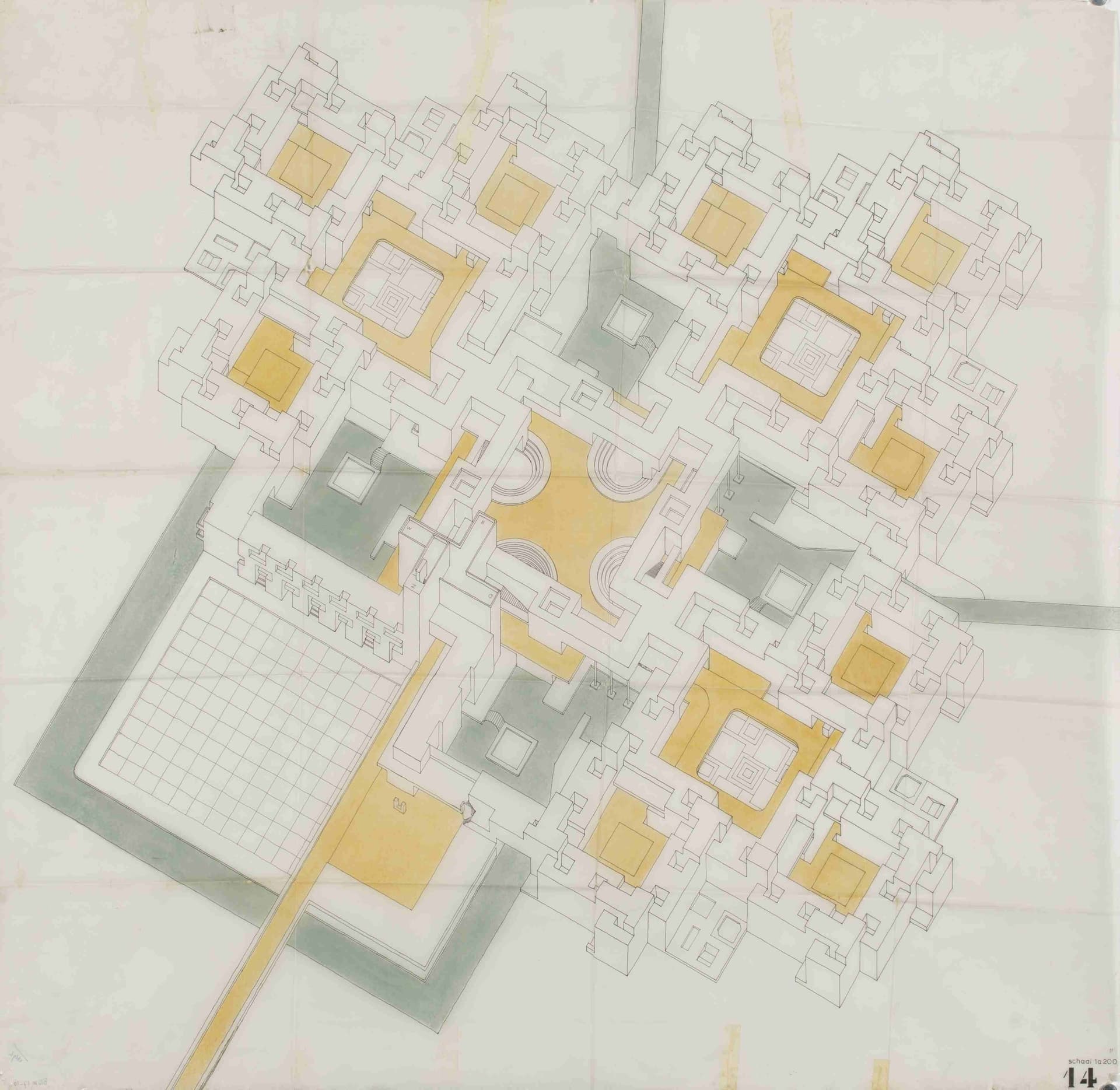  P. Blom. Ontwerp Kinderdorp in het kader van de Prix de Rome (Eindkamp), 1962. Presentatietekening planimetrische projectie. Collectie Het Nieuwe Instituut, BLOM 17-10. Water is weergegeven in grijs, de tussenstraten en pleinen die op een hoger… 