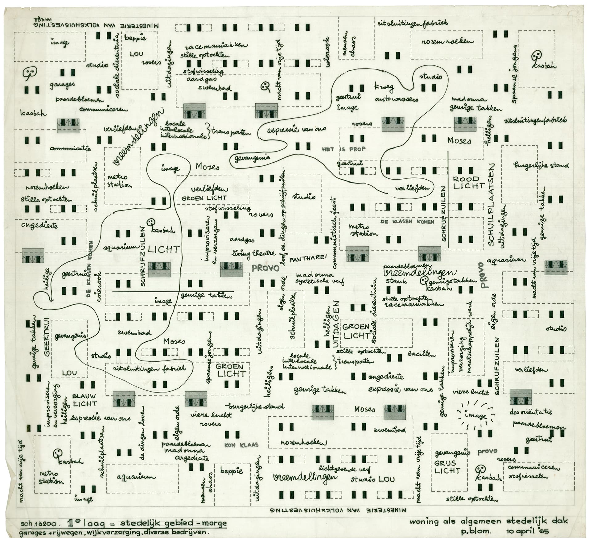  P. Blom. Presentatietekening van de verbeelding van uiteenlopende sociale en menselijke functies zoals ‘geurige takken’ en ‘stille optochten’ van de woonwijk ‘Wonen als stedelijk dak’ in trefwoorden, 1965. Collectie Het Nieuwe Instituut, BLOM 3… 