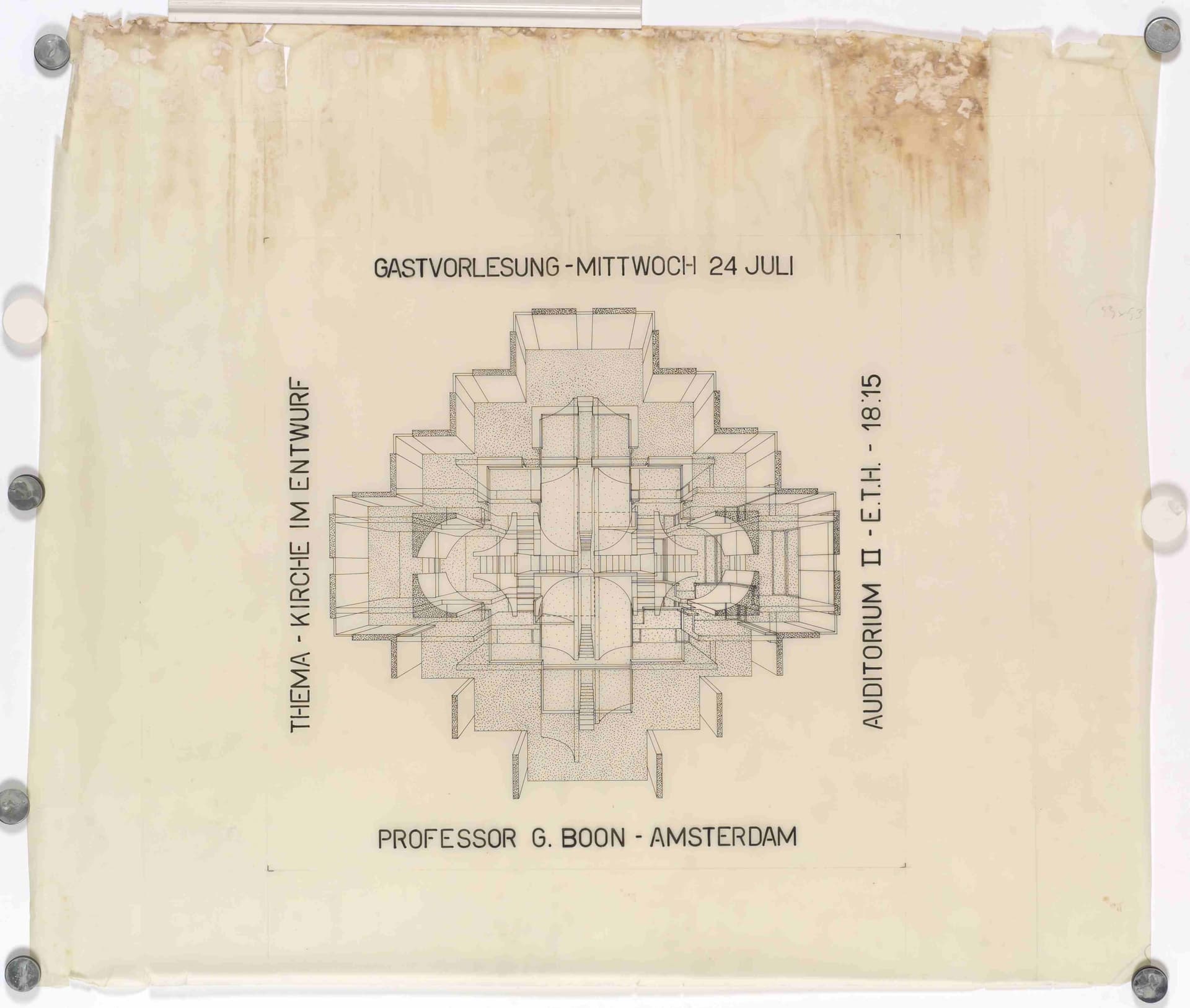  G. Boon, i.s.m. J. van Rooijen en C. Visser. Ontwerp voor een kerkgebouw (Kerk en Wereld), Driebergen, 1963. Perspectief van een opengewerkt bovenaanzicht. Collectie Het Nieuwe Instituut, k67-8 