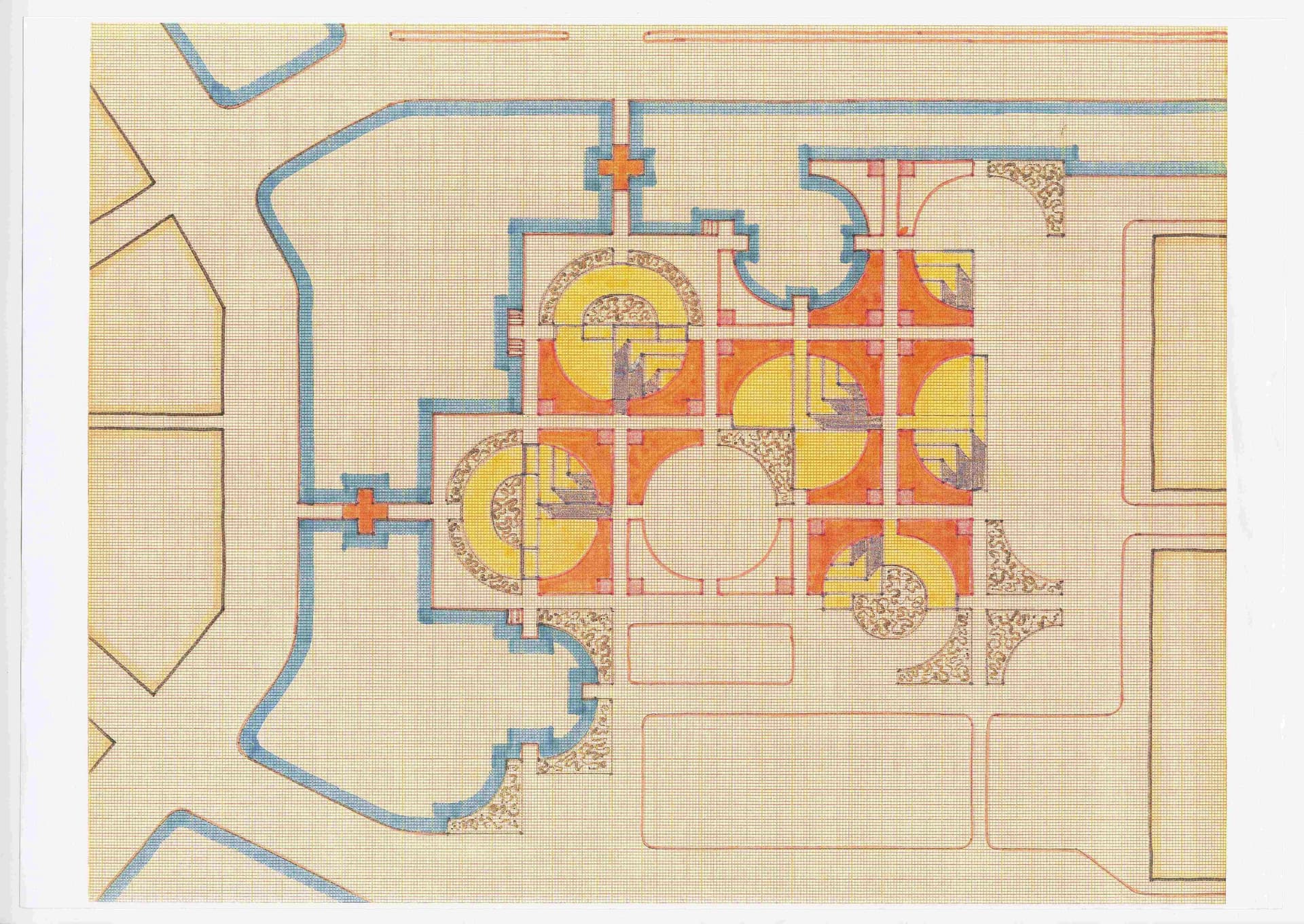  G. Boon. Ontwerptekening in het kader van de Stadhuisprijsvraag Amsterdam, 1967. Collectie Het Nieuwe Instituut, BOON t13.1-1. Kleur ondersteunt de visualisatie van verschillende verdiepingen van het stadhuis en de ruimtelijke gelijkwaardigheid… 