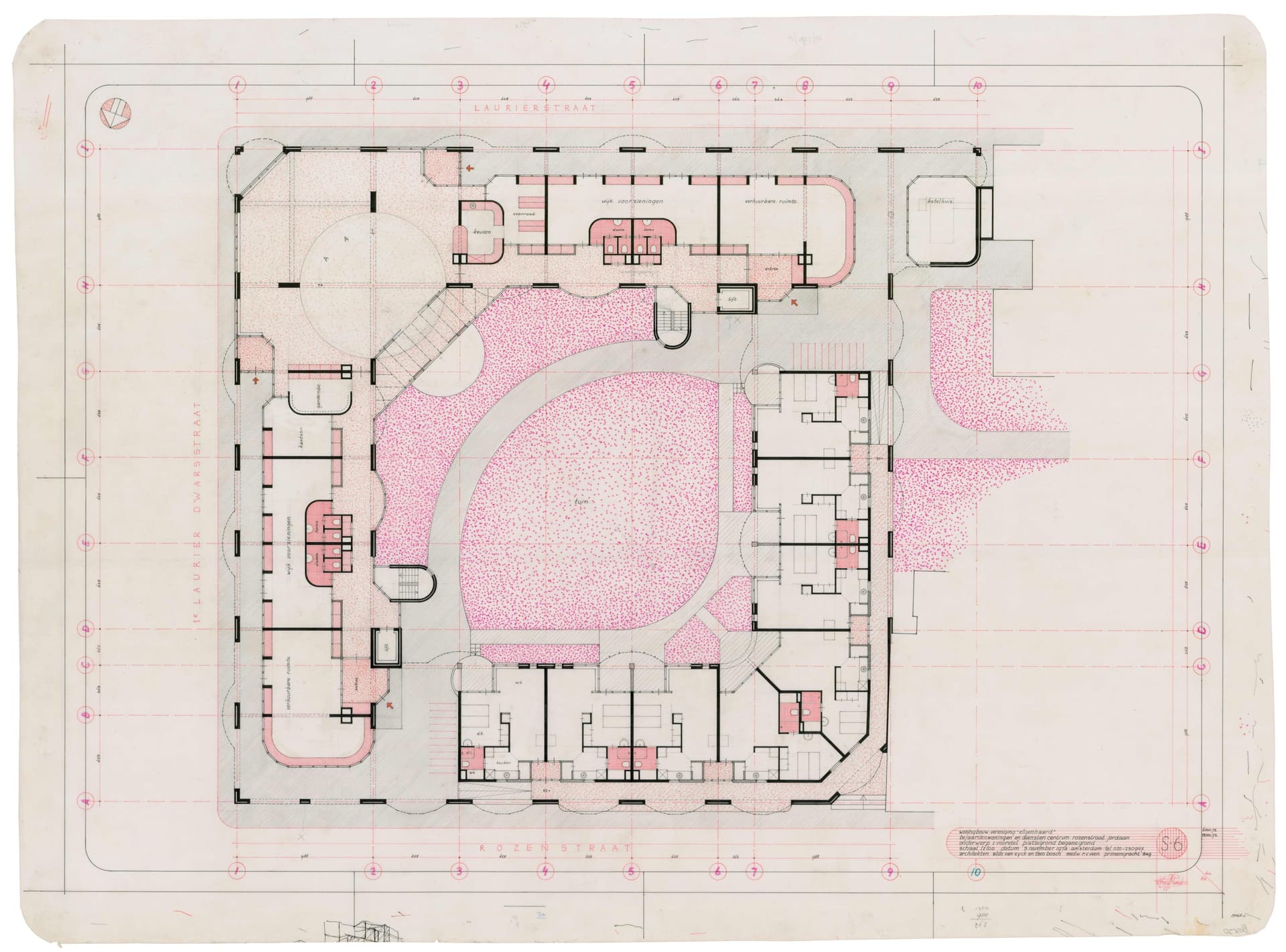  Aldo van Eyck, Theo Bosch, Homes for the elderly and service centre, Rozenstraat, Amsterdam, CA. 1974. Client: Woningbouwvereniging Eigen Haard. Collection: Het Nieuwe Instituut, BOSC f50 