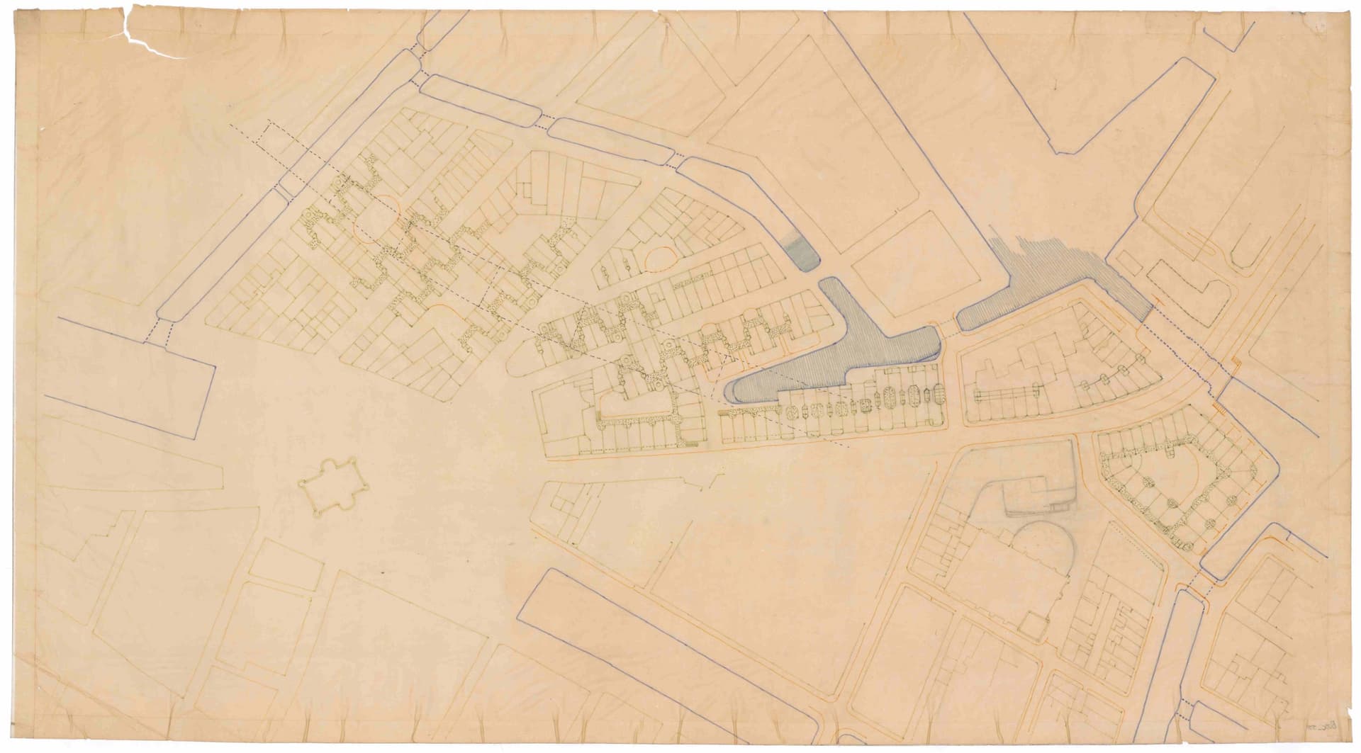  Aldo van Eyck en Th. Bosch architecten, i.s.m. G. Knemeijer, P. de Ley en D. Tuijnman. Verweving van een nieuwe en wendbare  groenstructuur in de bestaande geografische structuur van de Nieuwmarkt, Amsterdam, 1969-1975. Collectie Het Nieuwe Ins… 