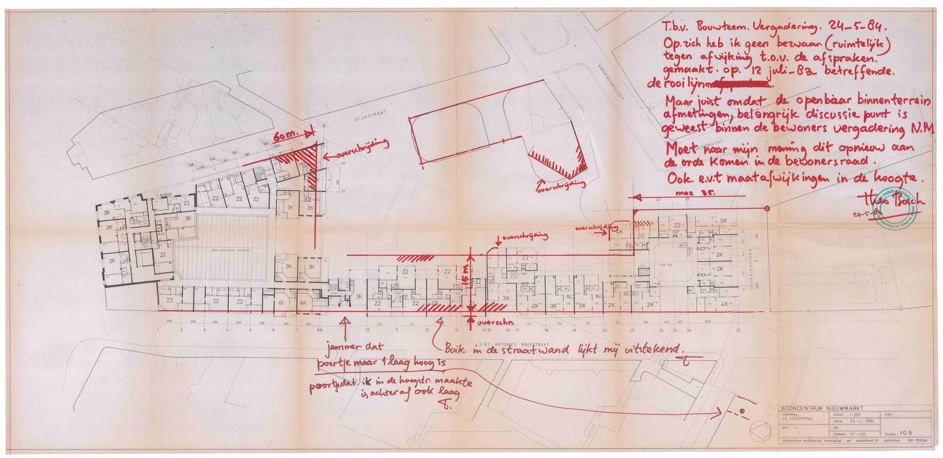  Th. Bosch. Overlegdocument tussen Bosch en de bewonerscommissie met betrekking tot de rooilijnen tijdens de wederopbouw van de Nieuwmarkt, Amsterdam, 1984. Collectie Het Nieuwe Instituut, BOSC t01-1 