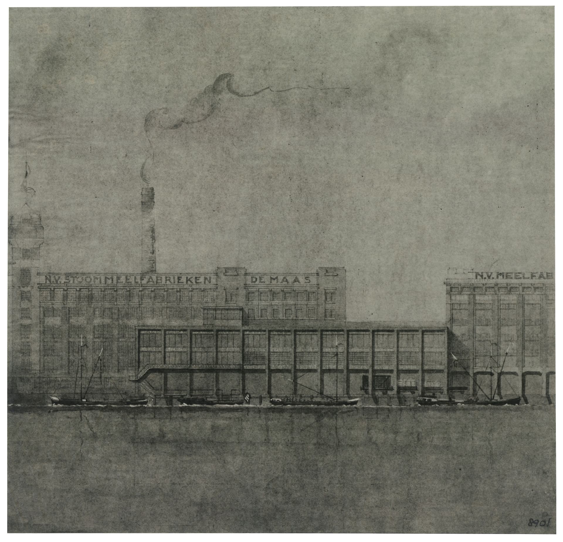 M. Brinkman. Stoommeelfabriek aan de Maashaven, Rotterdam 1913. IJzerskeletbouw, waardoor grote ruimten vrij ingedeeld kunnen worden. Collectie Het Nieuwe Instituut, BRIN 4-43 