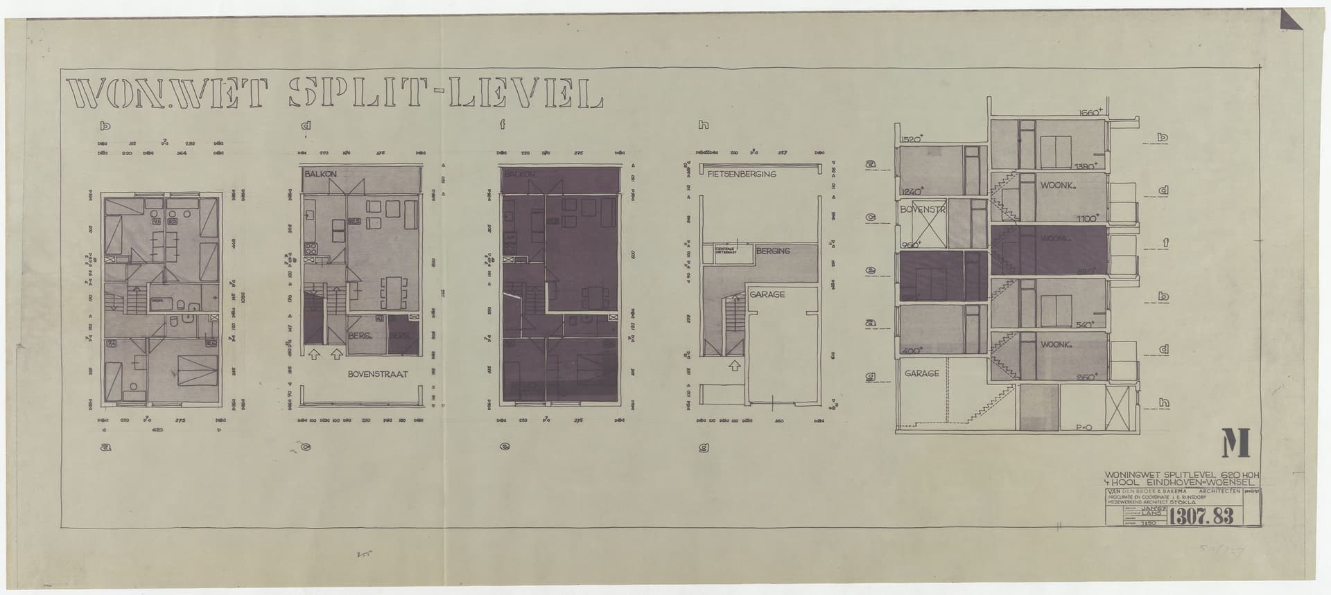 Van den Broek en Bakema, ontwerp splitlevelwoning ’t Hool, Eindhoven, 1967. Bewerkte reproductie van een ontwerptekening ’t Hool op basis van gekleurd folie. Zichtbaar zijn de donkere en lichte grijstinten van het gekleurde folie. Collectie Het… 