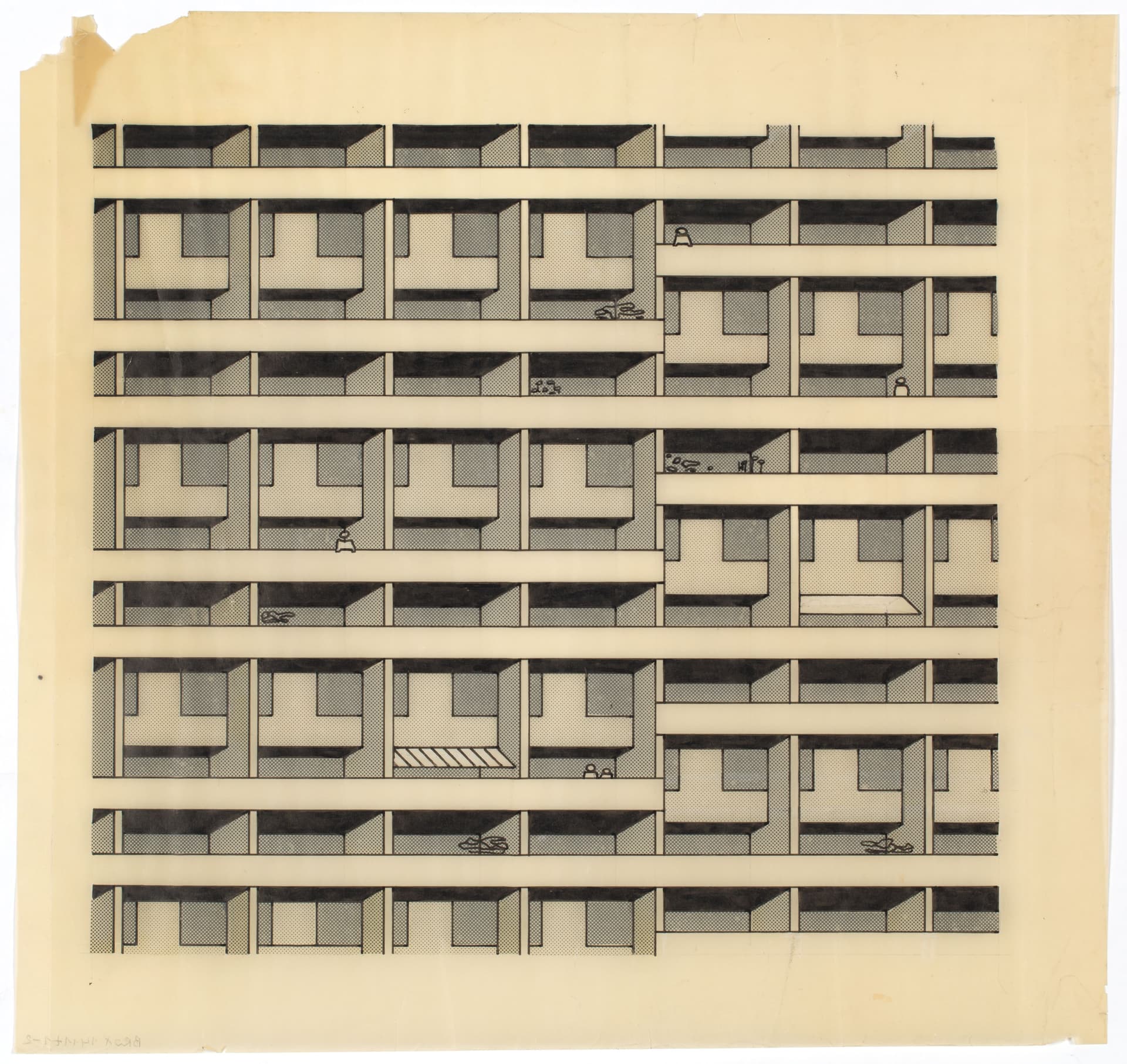 Van den Broek en Bakema. Publicatietekening van de gevelindeling van een flatgebouw van stedenbouwkundig ontwerp Pampus, Amsterdam, 1964. Er zijn twee soorten gerasterde Zips gebruikt om het karakter van een plastisch en abstract gevelontw… 
