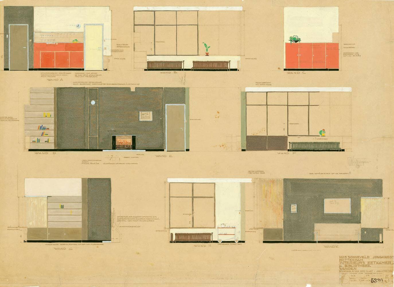 Interieurtekening waarop aangegeven staat waar schilderijen kwamen te hangen. Collectie Nieuwe Instituut, BROX 93-t-3