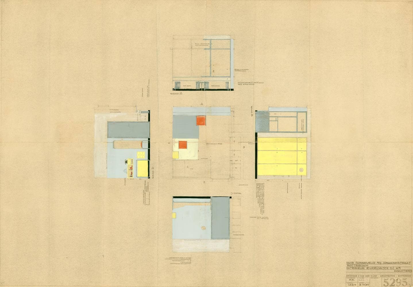 Ontwerptekening van de slaapkamer van Gé. Collectie Nieuwe Instituut. Archief BROX 