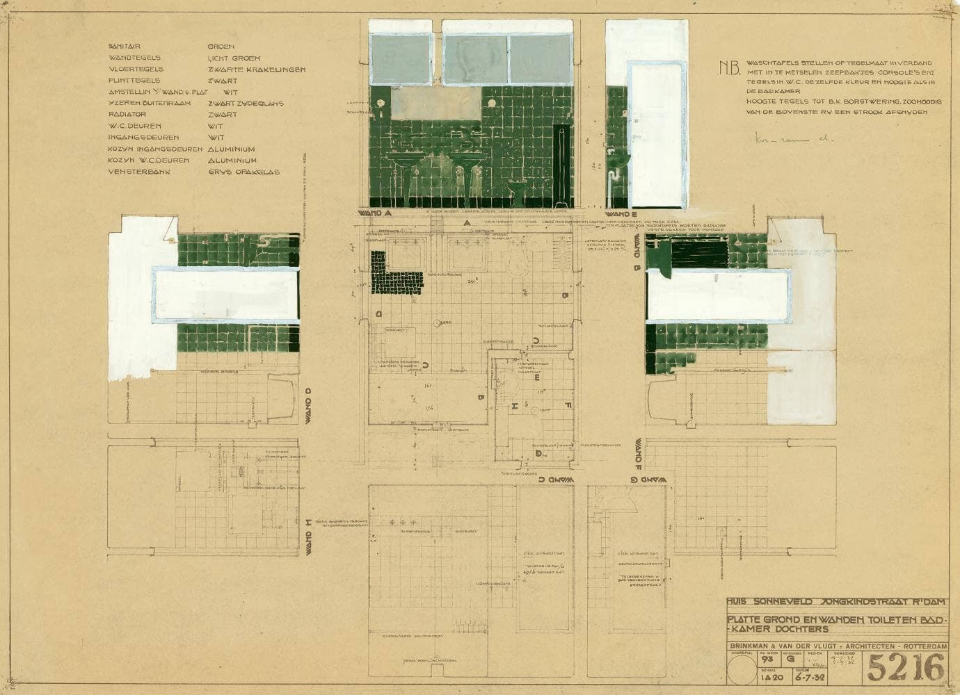 Brinkman en Van der Vlugt. Interieurtekening badkamer Puck en Gé. Collectie Nieuwe Instituut. BROX 93t21 