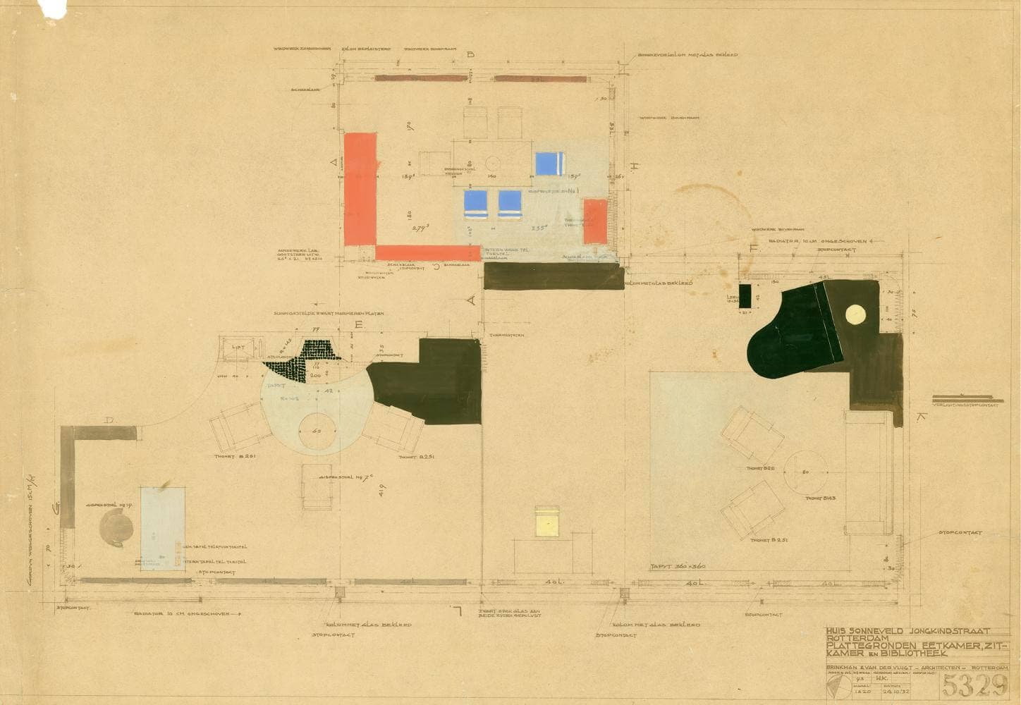 Interior design of the living room, including the piano. Collection Nieuwe Instituut. BROX 93t21 