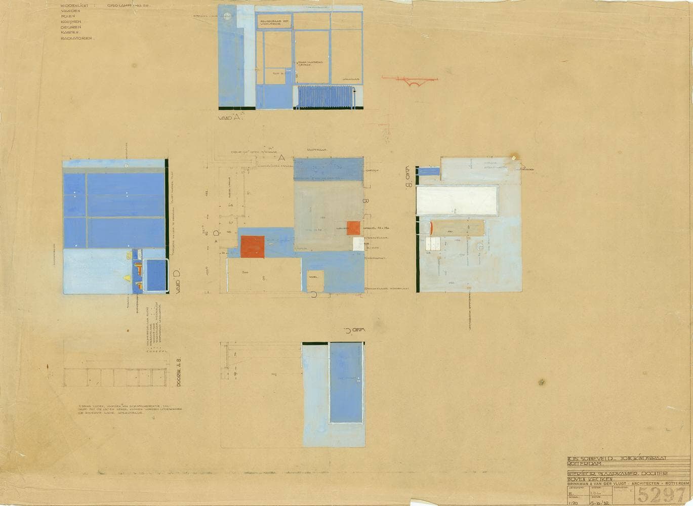 Ontwerptekening van het interieur van de slaapkamer. Collectie Het Nieuwe Instituut. BROX 93t21 