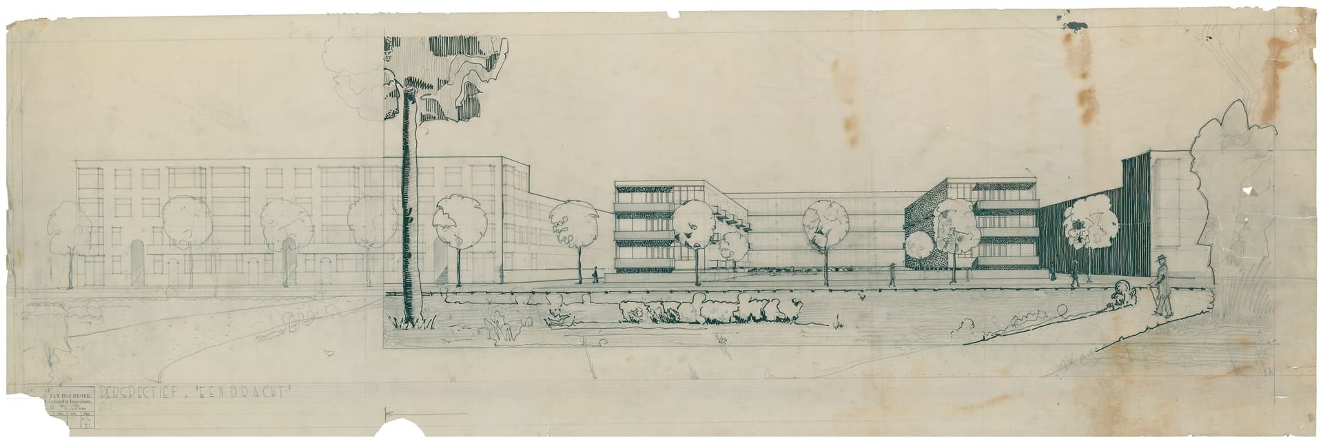 J.H. van den Broek, Woningbouw De Eendracht, 1931, Rotterdam. In de jaren dertig tekenden architecten stippels en arceringen voor bijvoorbeeld de weergave van schaduwpartijen met de hand, zoals te zien is op deze presentatietekening van J.H. va… 