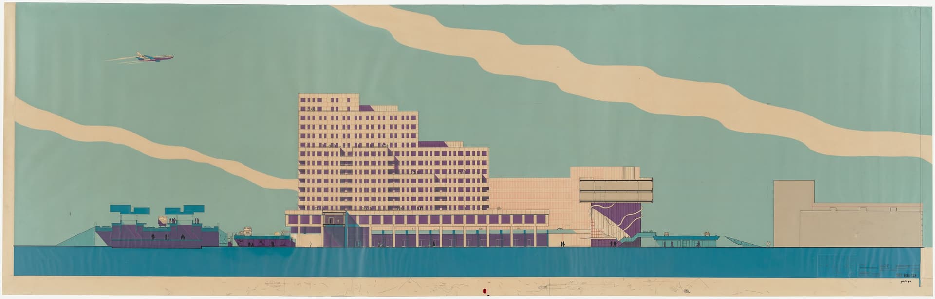 Oyevaar Van Gool De Bruijn. Ontwerp amusementscentrum, Stationsplein Amsterdam Zuid-Oost, 1979. Een vliegtuig van Thai Air en glanzende, blauwe en paarse Zips in de bedrijfskleuren van de vliegmaatschappij, moesten deze financier verleiden… 