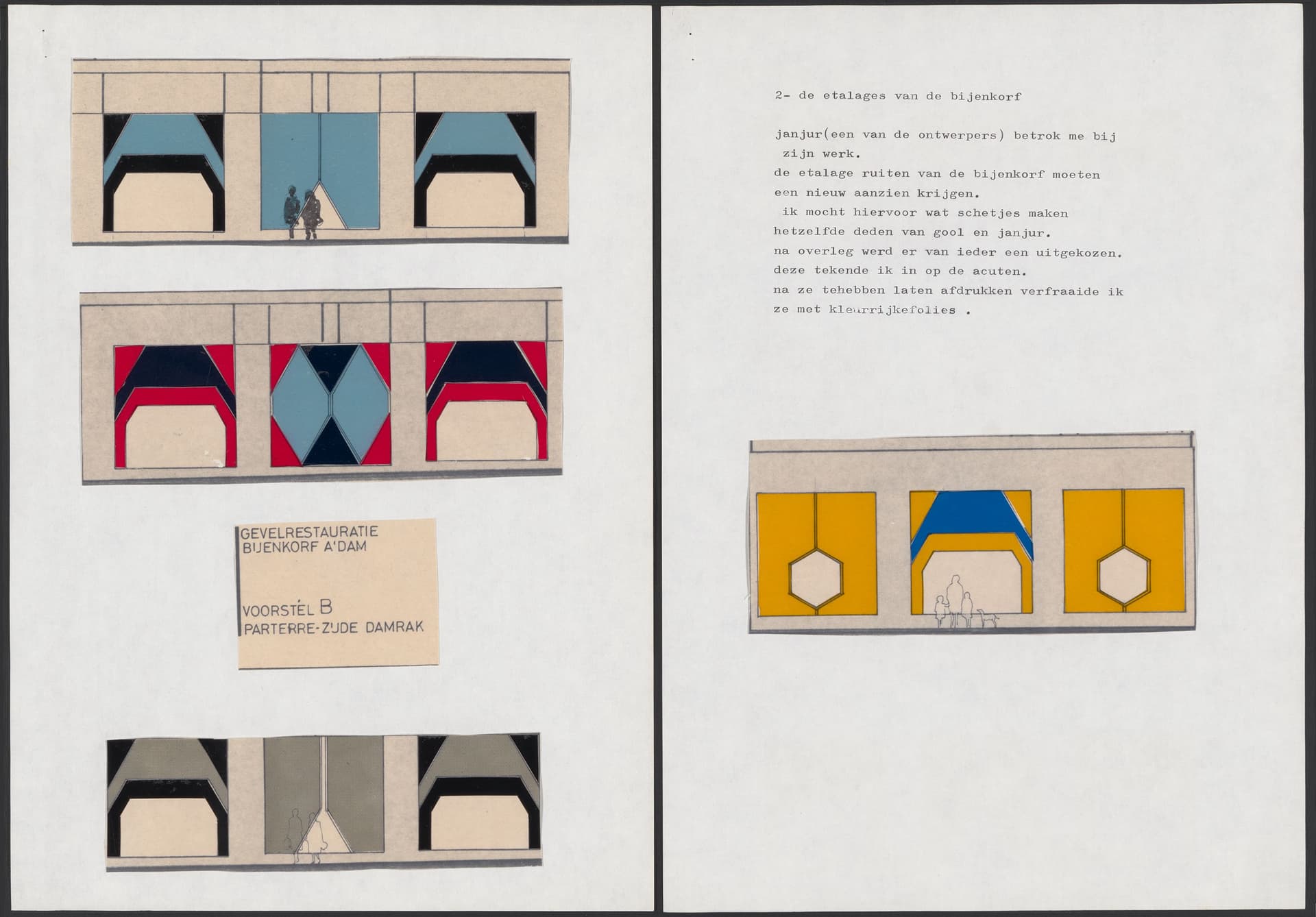 Clairette Gitz with employees of Oyevaar Stolle Van Gool architects, design for Bijenkorf shop windows, Amsterdam, c. 1975. Gitz used a whiteprint base for the drawn outlines and applied glossy, coloured foils to reproduce the entire desig… 