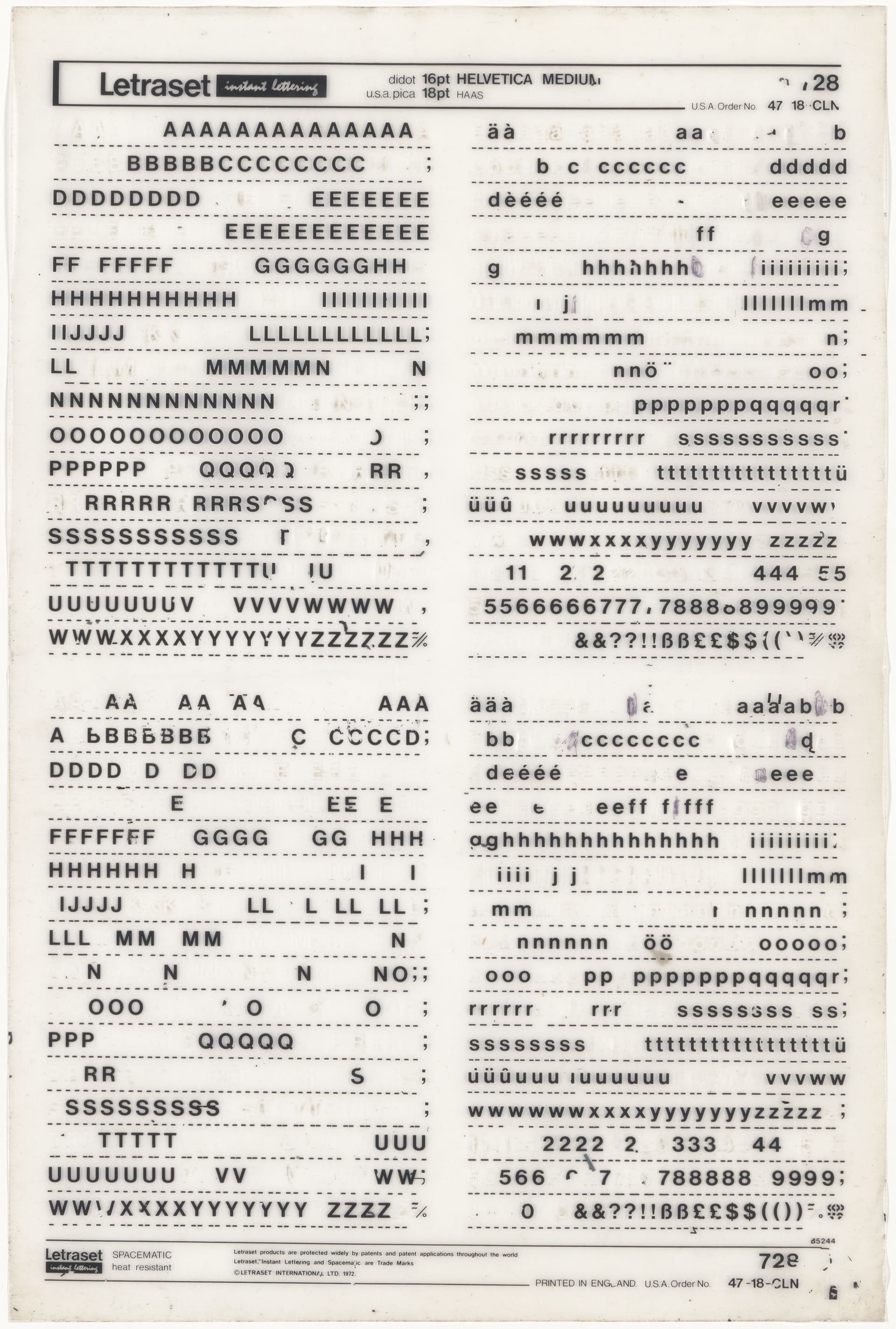 Voorbeeld van wrijfletters van Letraset, lettertype Helvetica Medium, voor de toepassing op ontwerptekeningen in het archief van Pi de Bruijn, ca. 1975. Collectie Het Nieuwe Instituut, archief Pi de Bruijn, BRUI 2054.  