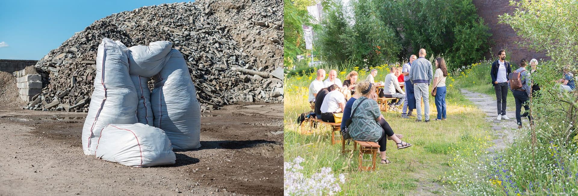 Dit beeld bestaat uit twee foto's. Foto links is een foto met op de voorgrond een robuust meubelstuk gemaakt van wit stevig textiel gevuld met bouwpuin. Op de achtergrond is een berg van bouwafval. De rechterfoto laat een groep mensen zien. Zij… 