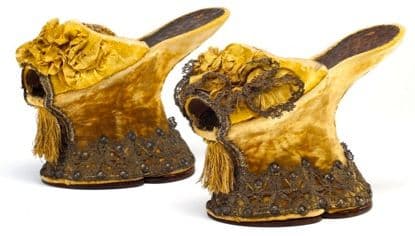 Velvet-covered chopines, circa 1580-1620, Courtesy of the Bata Shoe Museum, Toronto. 