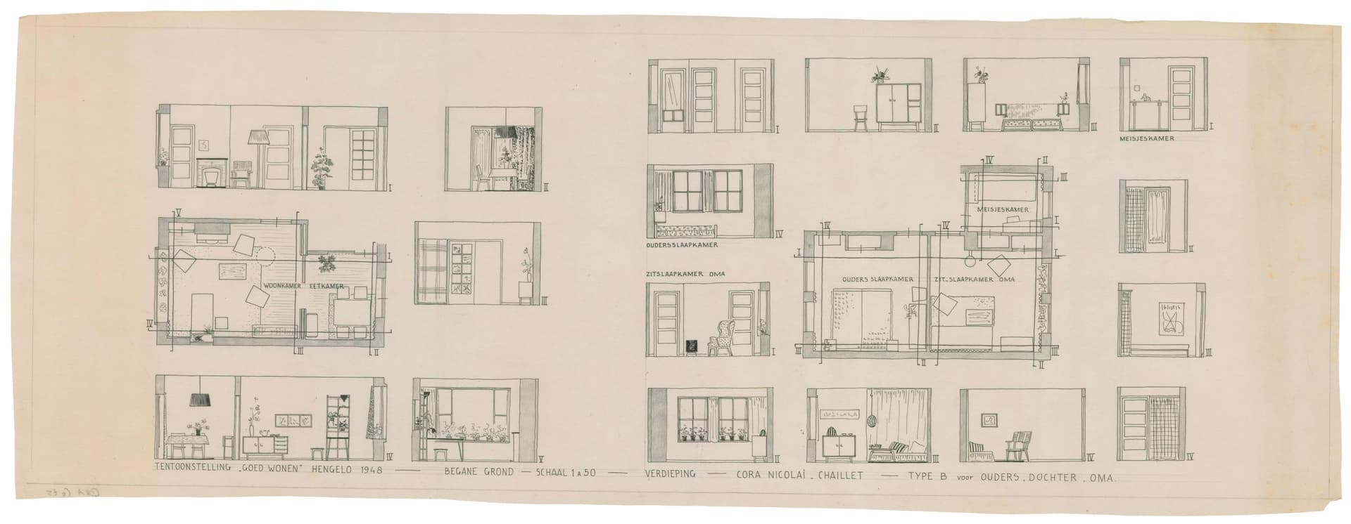 C. Nicolai-Chaillet, Woning voor ouders, dochter en oma voor tentoonstelling ‘Goed Wonen’, Hengelo, 1948. Collectie Het Nieuwe Instituut, CORA t5-1
