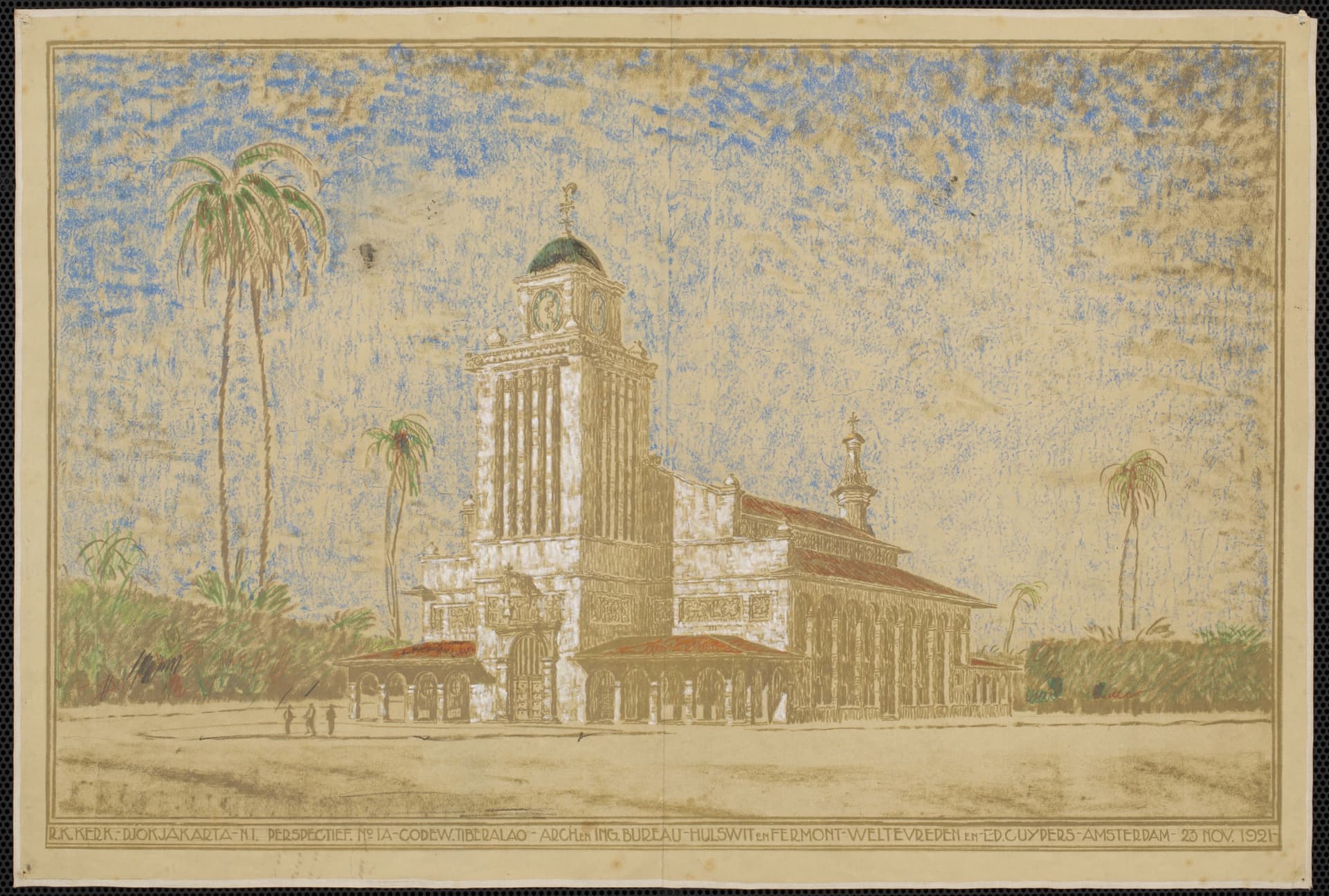 This diazotype of a perspective drawing has been pasted on linen and coloured with chalk. The architect added colour information, including for tropical plants, blue sky and white plastered facades. The office probably wanted to connect wi… 