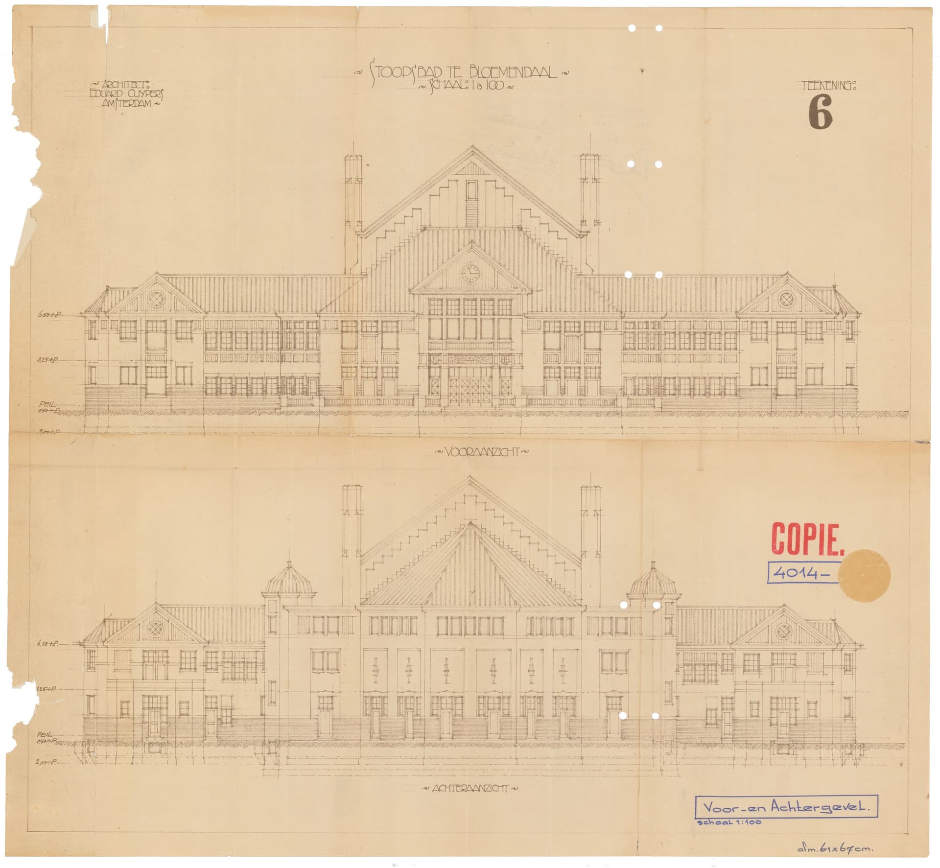 This copy of two designs was probably intended for a client or the owner’s records. The traces of use, such as the ‘copy’ stamp, sticker residue and perforations, show the information value of reproductions and how architects organise their arc… 