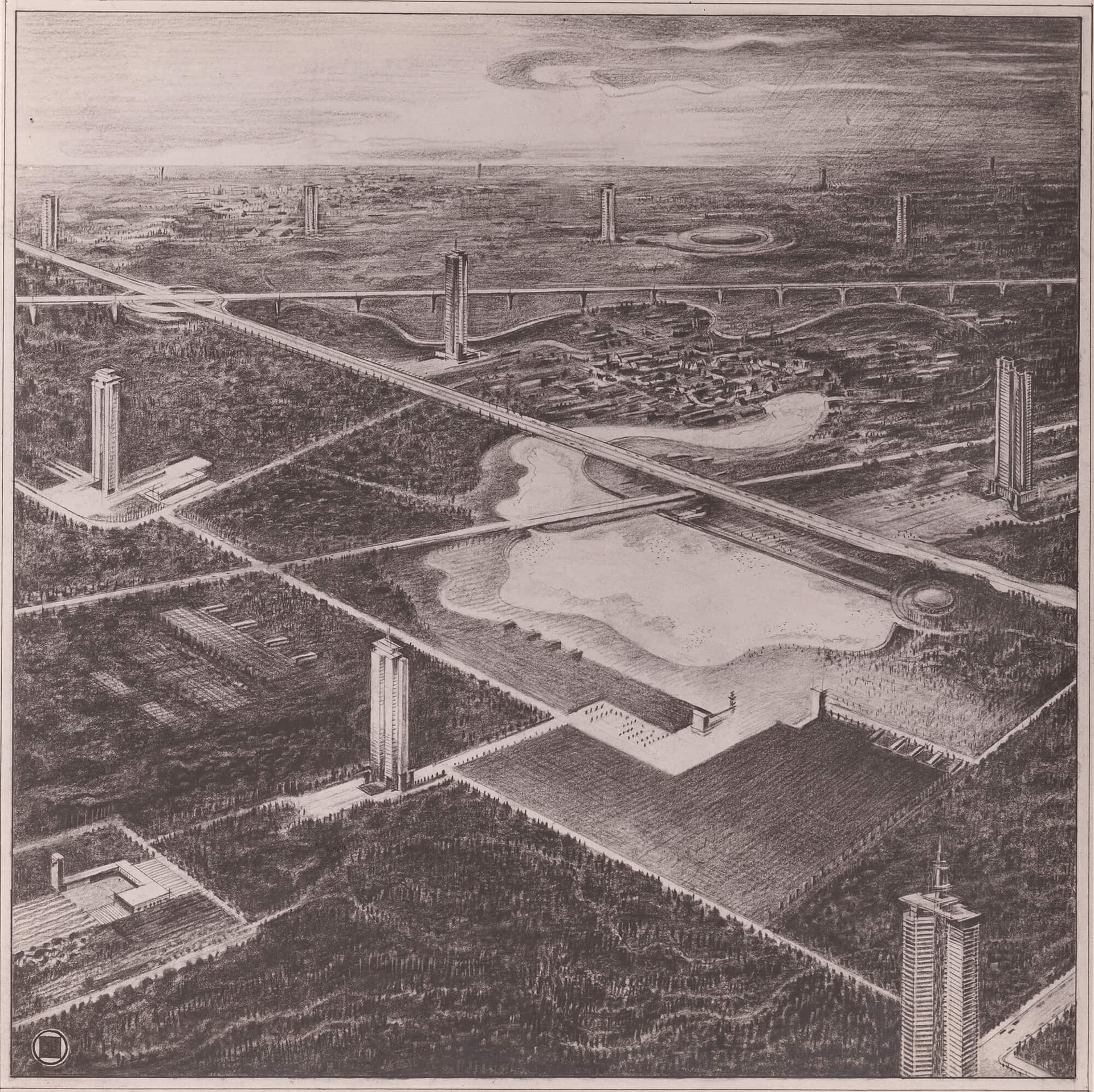 H. Th. Wijdeveld. The de-urbanised city, a future vision of self-sufficient towers set amidst nature. Het Nieuwe Instituut colection, WIJD 348 